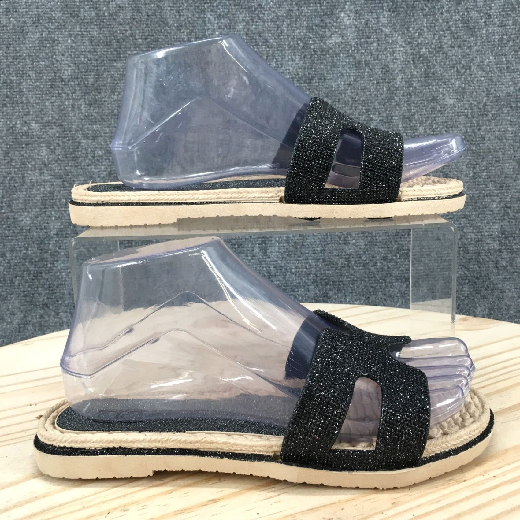Vintage Cindy Claire Sandals Womens 38 Slide Flats Slip On CC Logo Black Glitter Open Toe Womens Sandal Size US 8 / IT 38 - 2 Thumbnail