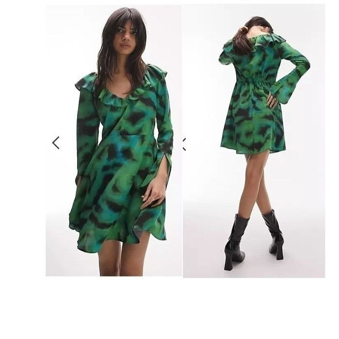 Topshop Topshop animal ruffle neck tea dress in green, US 8 Size M / US 6-8 / IT 42-44 - 1 Thumbnail