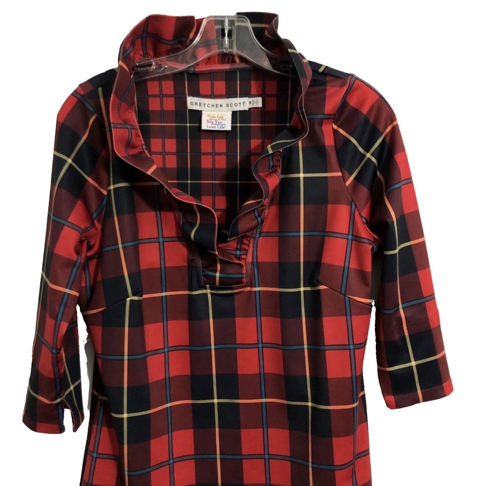Vintage Gretchen Scott Blouse Middleton Red Plaid 3/4 Sleeve Ruffle Neck Top M Women Size M / US 6-8 / IT 42-44 - 7 Thumbnail