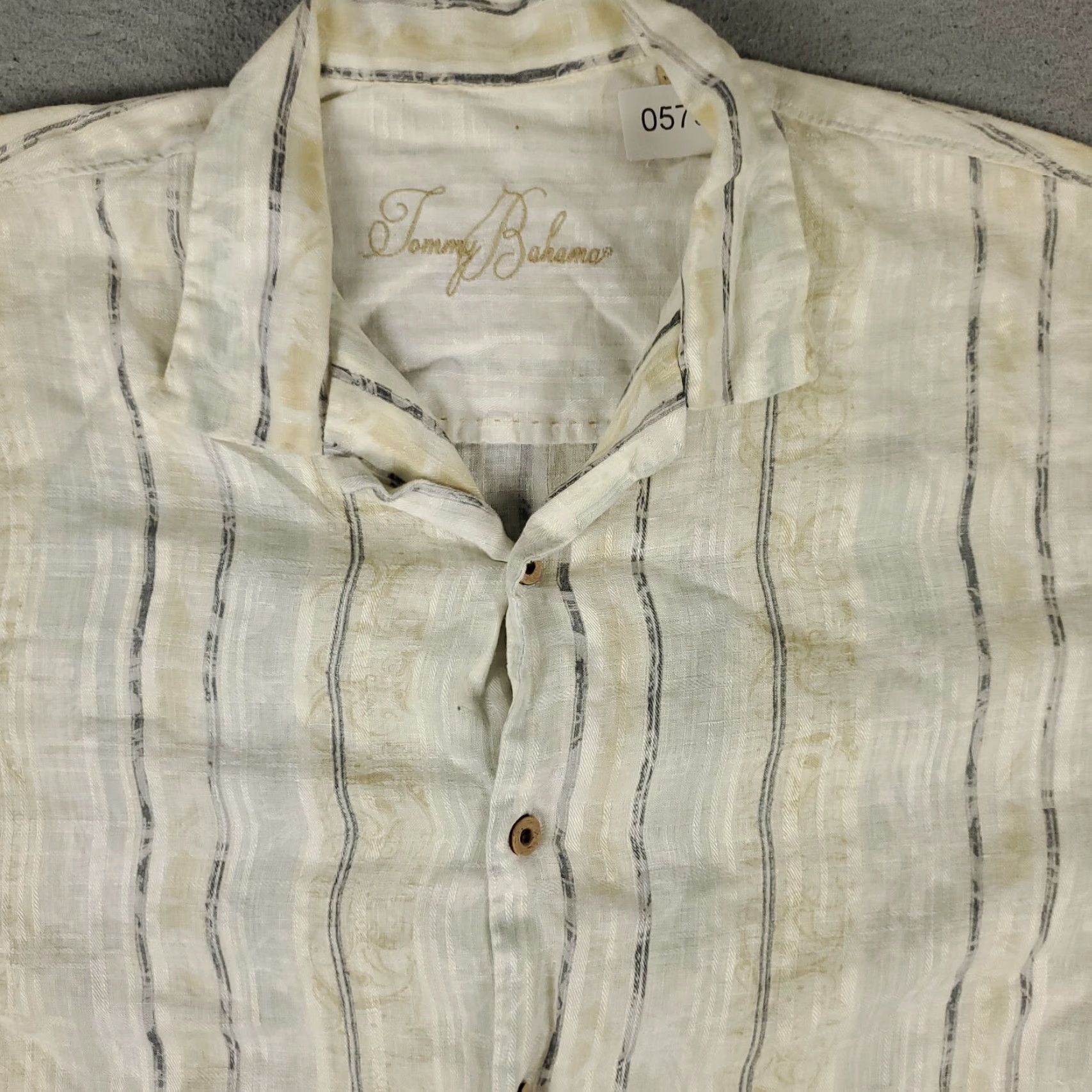 Tommy Bahama Tommy Bahama Linen Shirt Beige Striped Button-Up Short Sleeve Mens Medium Aloha Size US M / EU 48-50 / 2 - 2 Thumbnail
