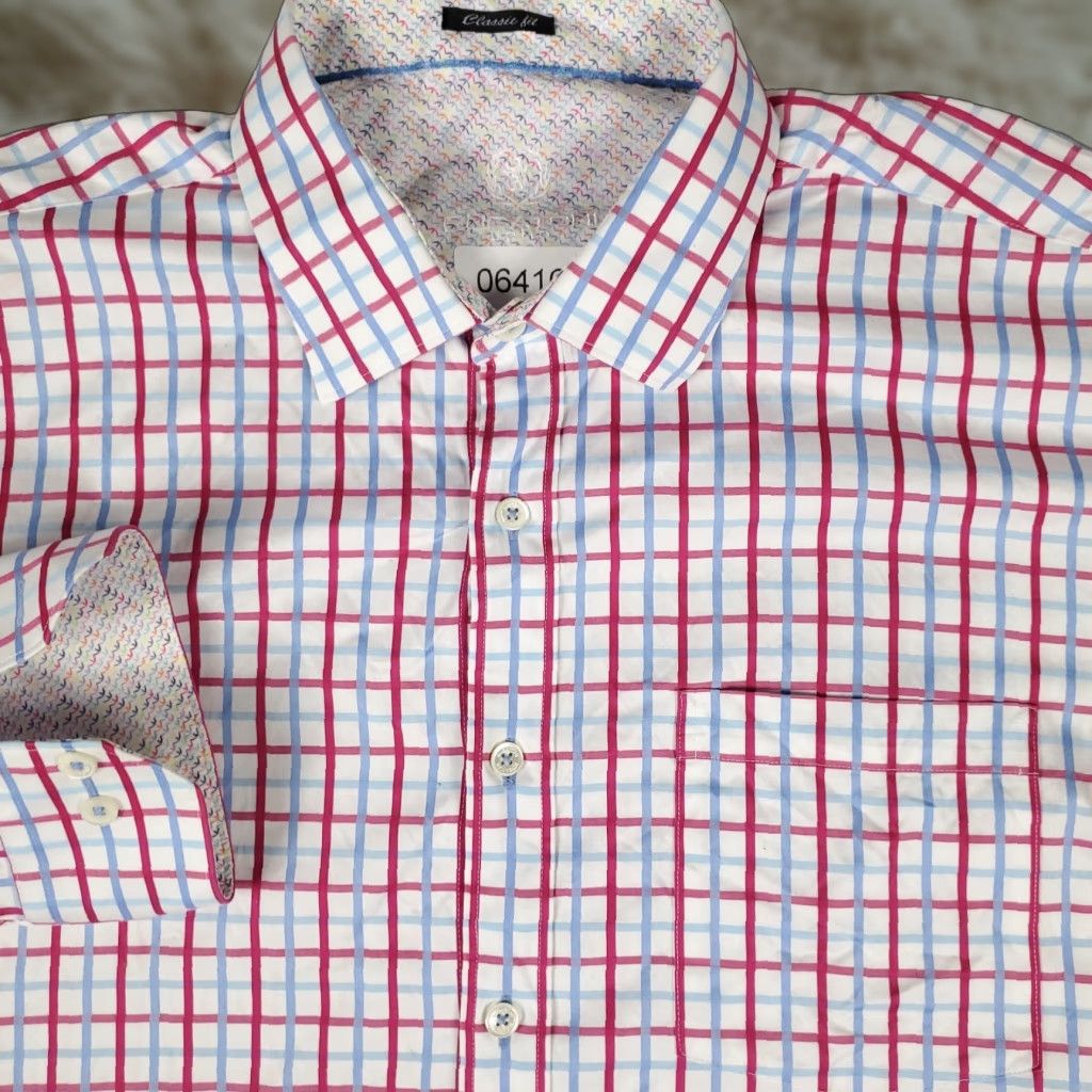 BUGATCHI Bugatchi Uomo Shirt XL Red Blue Striped Casual Button-Up Long Sleeve Mens Size US XL / EU 56 / 4 - 1 Thumbnail