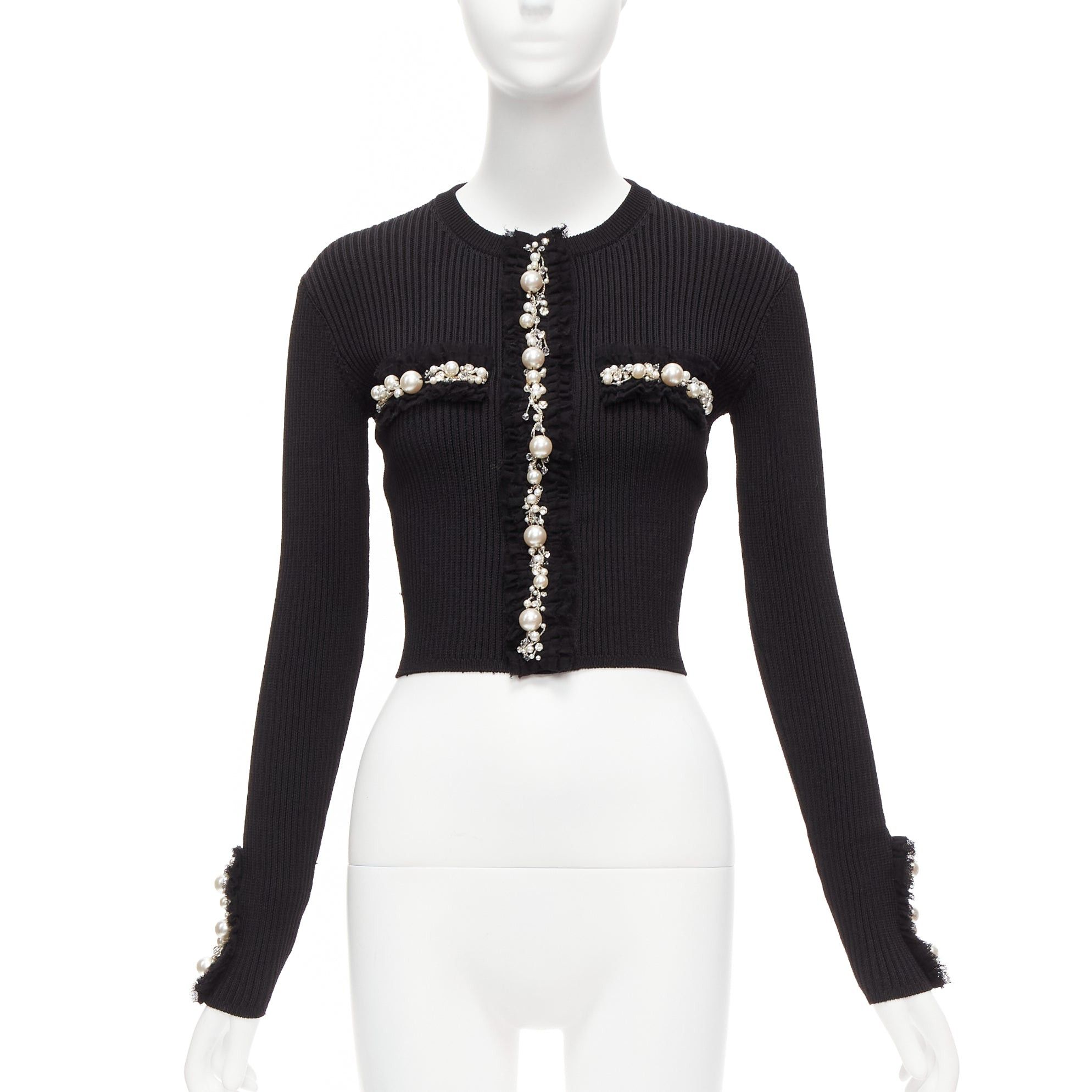 image of Balmain Black Ribbed Pearl Jewel Crystal Embellished Cropped Cardigan Fr36 Xs, Women's (Size Small)