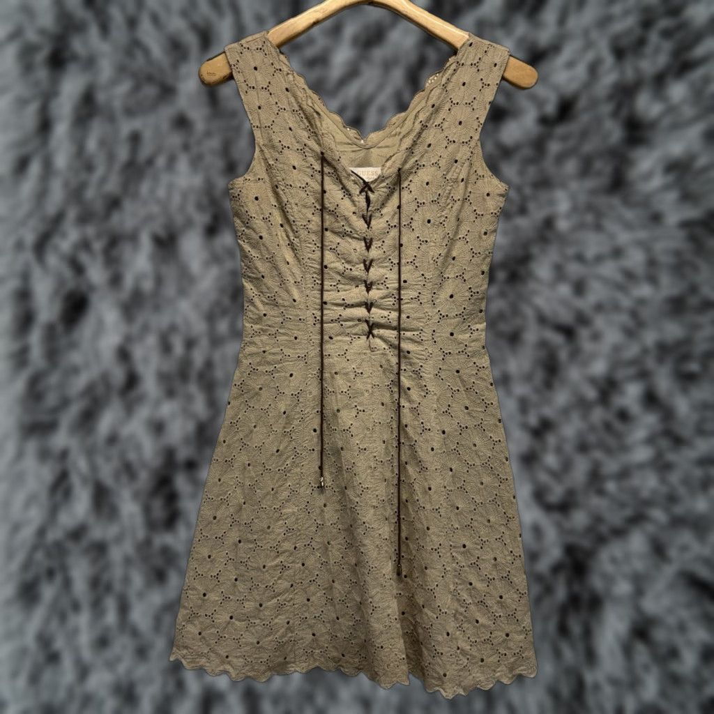 Guess VINTAGE GUESS Eyelet Lace Up Mini Dress Women Size 4 Tan Y2K Fit & Flare Size S / US 4 / IT 40 - 1 Thumbnail