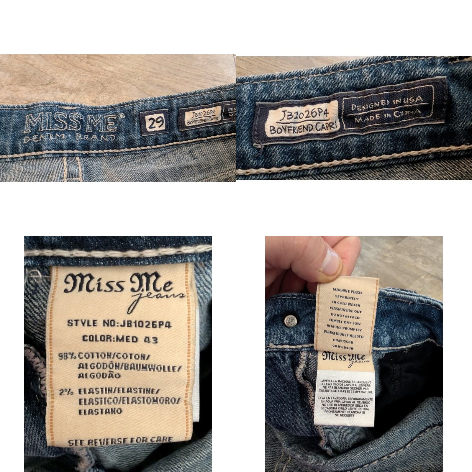 Miss Me VINTAGE Miss Me Boyfriend Capri Jeans Size 29 Blue Embellished Denim Mid Rise Regular Womens Size 29" - 8 Thumbnail