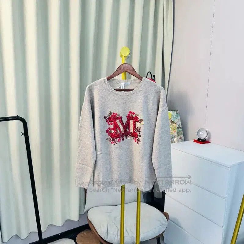 Max Mara MaxMara Gray Wool Sweater with Floral Embroidery . Size L / US 10 / IT 46 - 1 Thumbnail