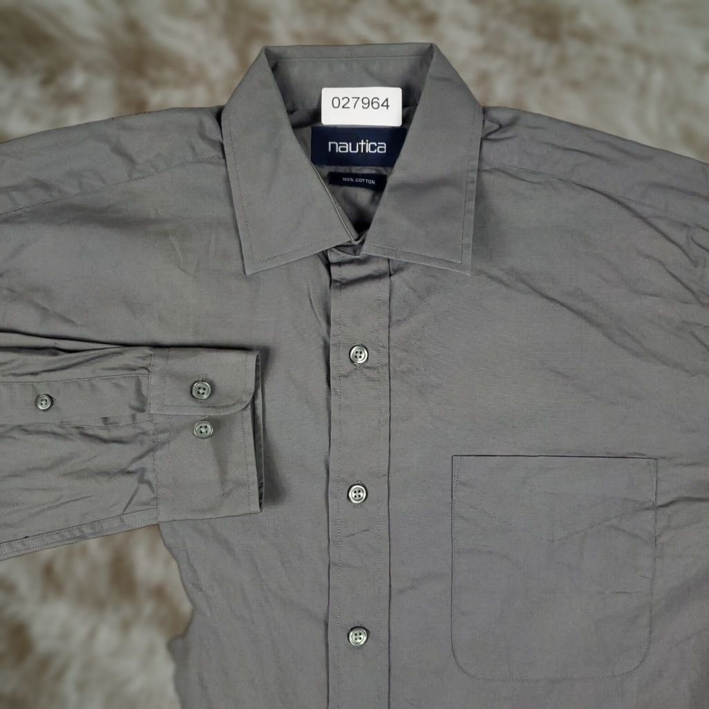 Nautica VINTAGE Nautica Dress Shirt Mens 15.5 Gray Long Sleeve Button Up Regular 100% Cotton, Stained, Business Casual, Formal, 90s/Modern, Mens Size 40R - 1 Thumbnail