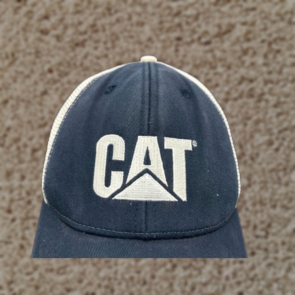 Vintage CAT Hat Cap Fitted Adult Blue Trucker Hat CAT Men Cotton Polyester Twill Work Logo Construction 90s? (Oops can't add) Size ONE SIZE - 1 Thumbnail