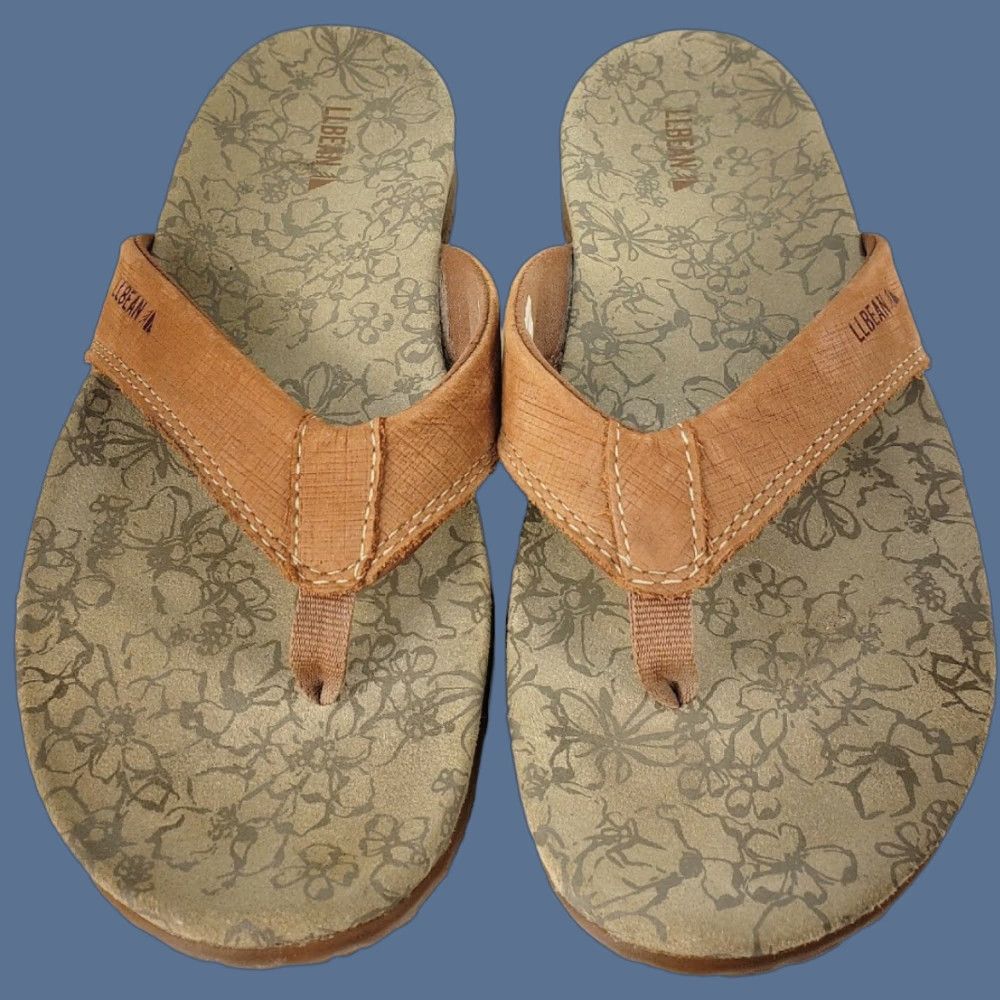 Vintage L.L. Bean Women’s 7M Light Brown Run About Flip Flop Sandals 299716 Sandals Casual Comfort Slip On Flat Rubber Lined Leather Insole Women’s Shoes Size US 7 / IT 37 - 1 Thumbnail