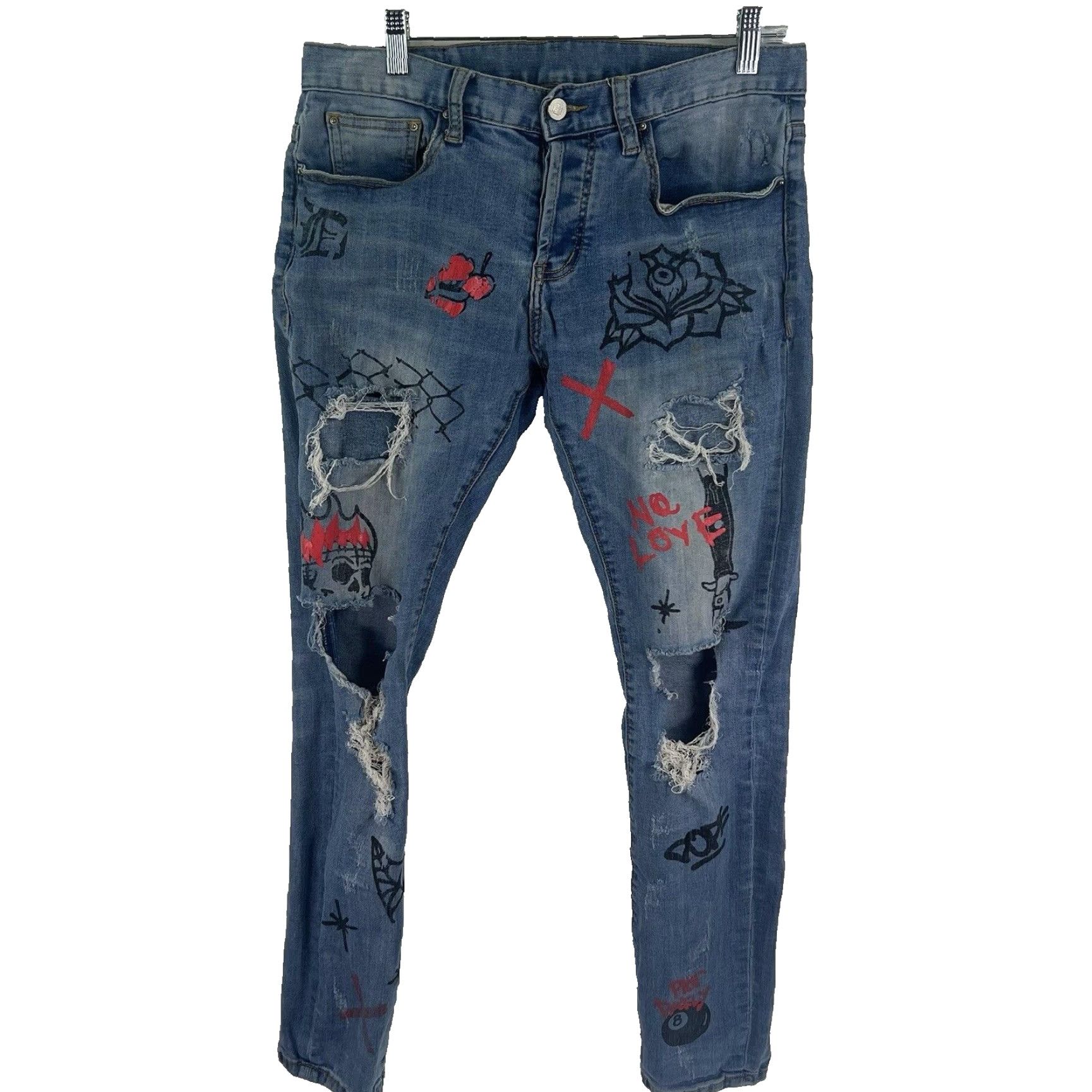 Vintage DOPE Distressed No Love Skinny Denim Jeans Mens 30 34X32 Blue Cotton Blend Zip 5-Pocket Style Jeans Mens Size US 30 / EU 46 - 2 Thumbnail