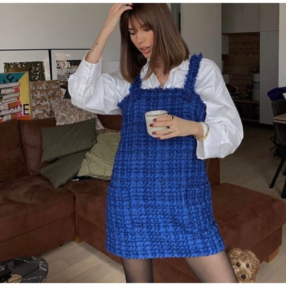 Zara ZARA BLOGGER FAVORITE TEXTURED PINAFORE DRESS BLUE Size XS / US 0-2 / IT 36-38 - 5 Thumbnail