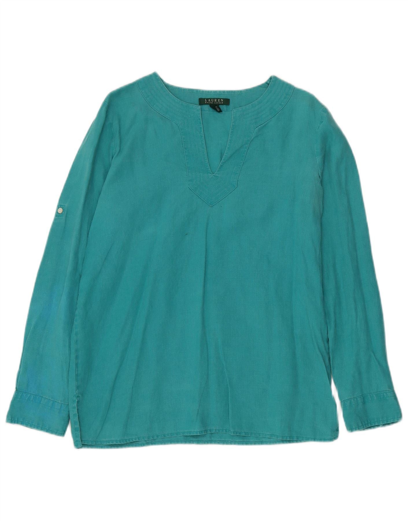 Ralph Lauren Womens Long Sleeve Blouse Top UK 14 Medium Turquoise Linen Size ONE SIZE - 1 Thumbnail