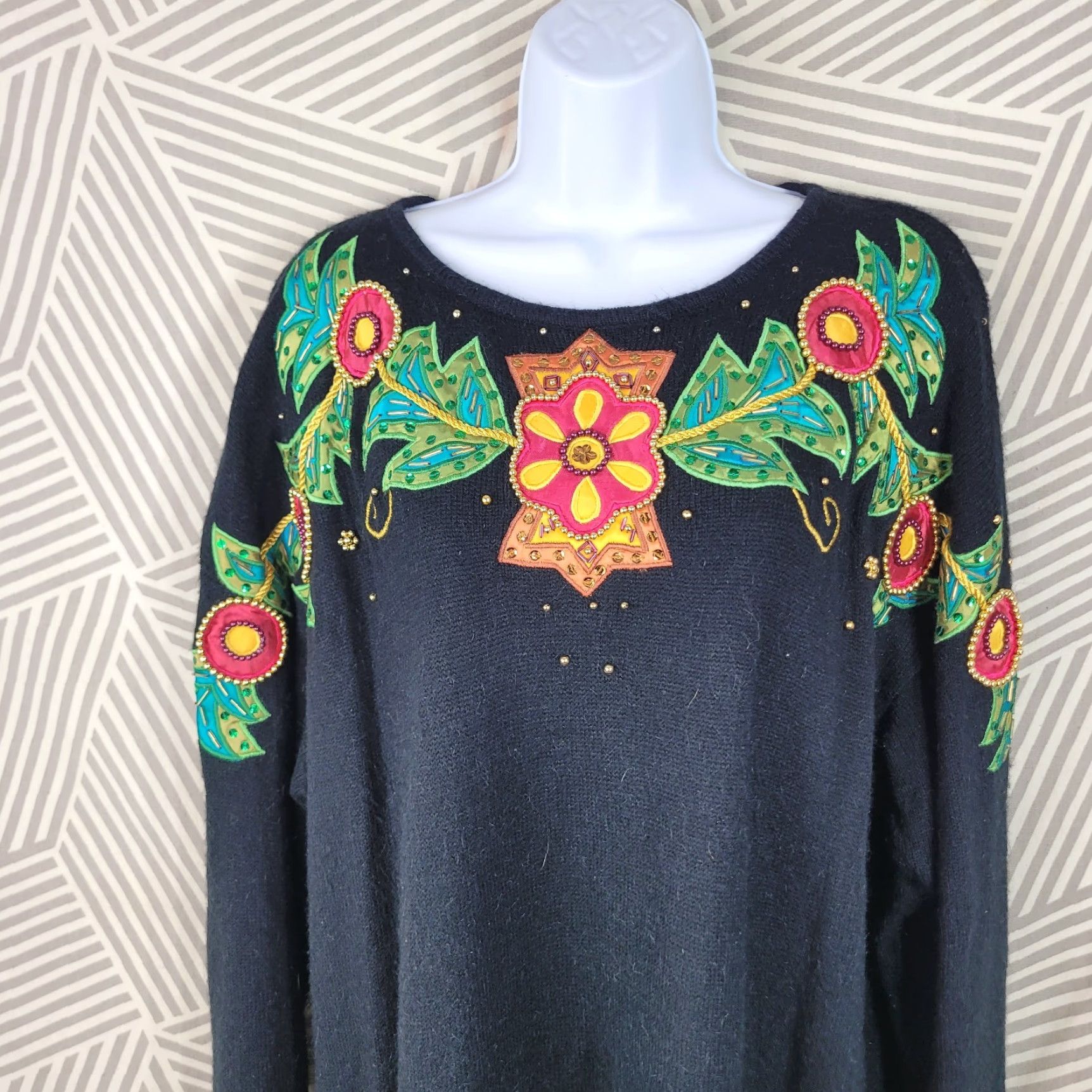VINTAGE Sweater Dress XL Stretch Long Embroidered Knit Beaded Sequin Black  Dress - wpequipmentugltd.com