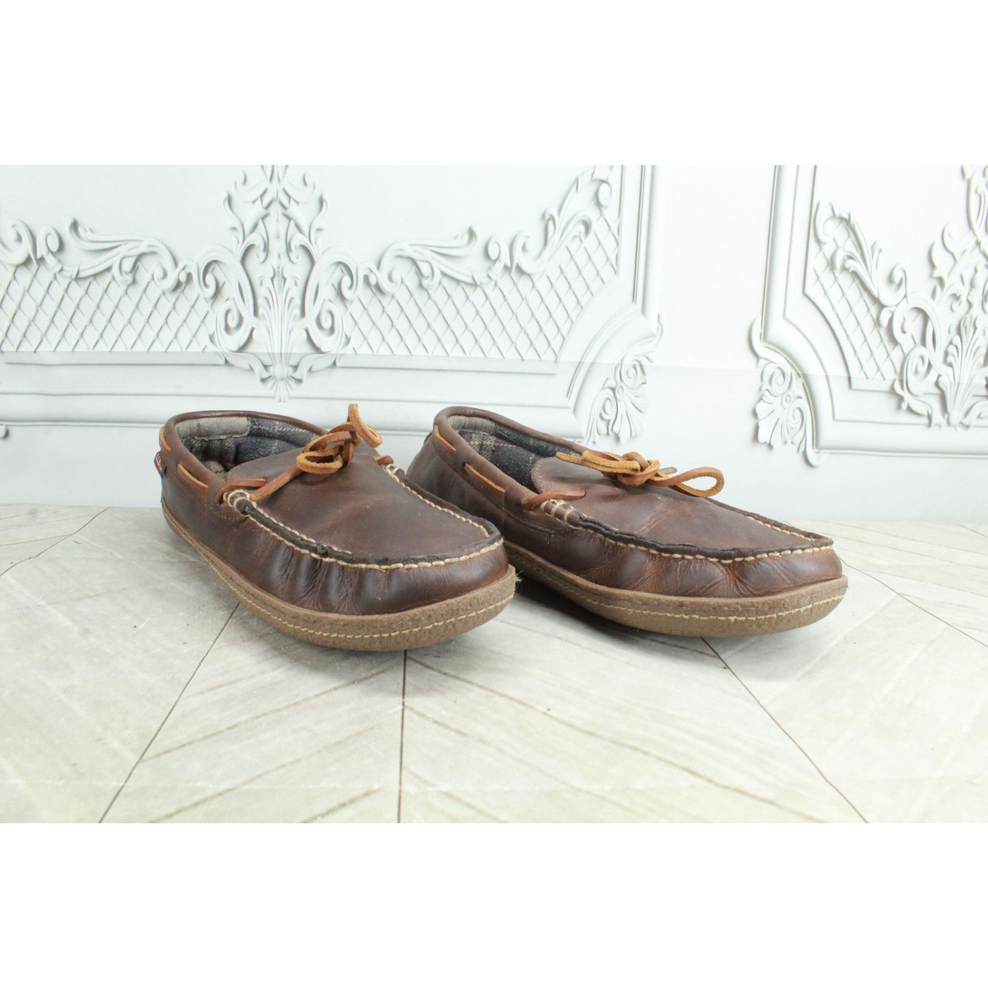 L.L. Bean LL Bean Flannel Lined Handsewn Brown Leather Slippers Size US 10 / EU 43 - 3 Thumbnail