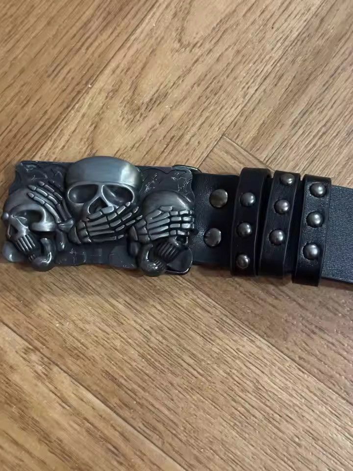 Y2K Grunge Punk Rock Black Studded Belt Triple Skull Buckle, Men’s