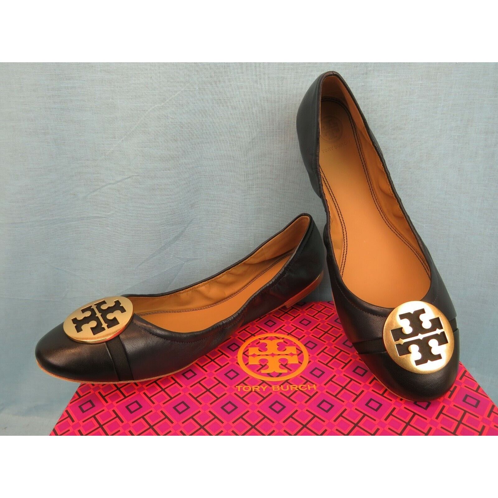 Tory Burch TORY BURCH MINNIE NAVY LEATHER GOLD REVA BLACK TOE FLATS 7.5 Size US 7.5 / IT 37.5 - 3 Thumbnail