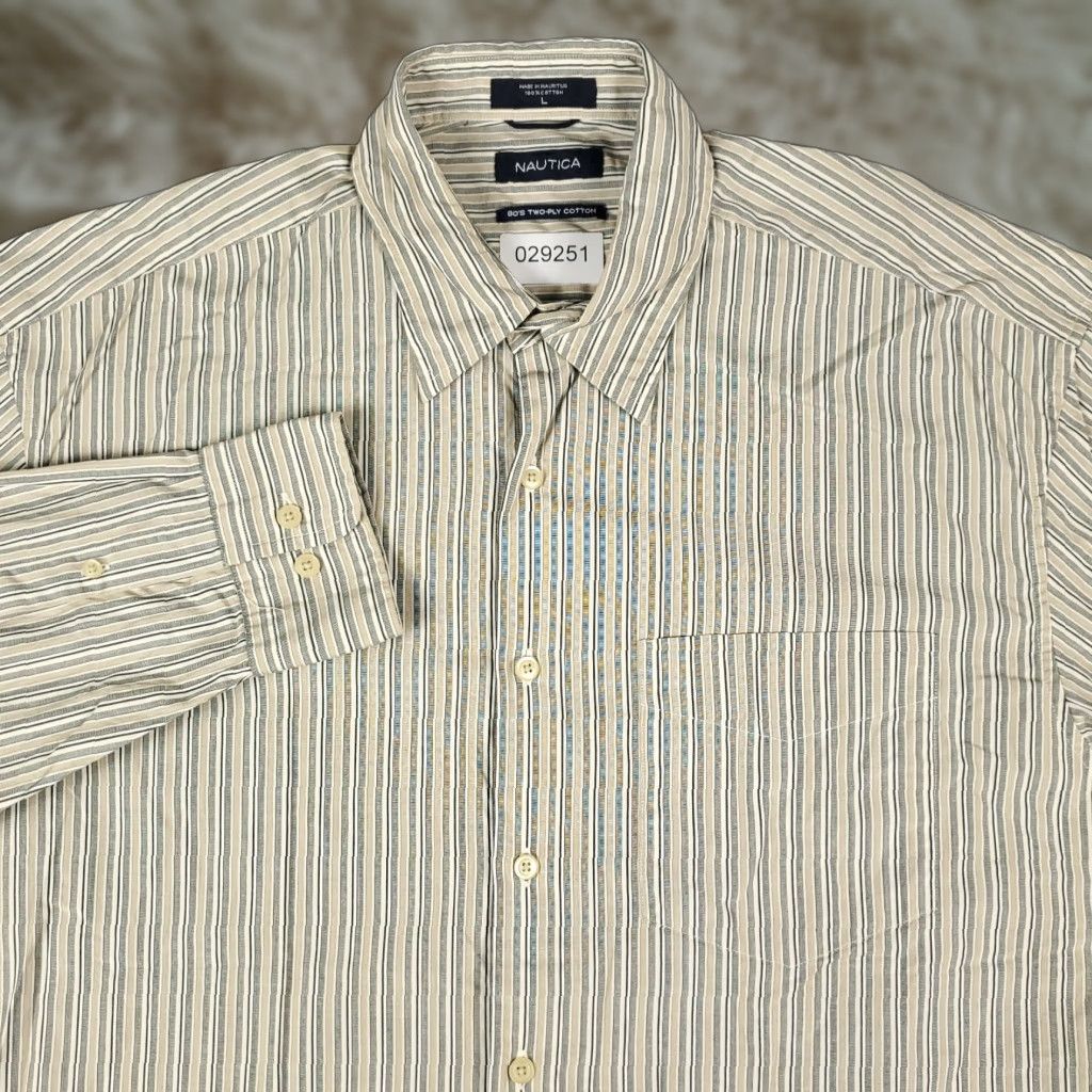 Nautica Nautica Shirt Mens Large Beige Striped Button-Up Long Sleeve Casual Business Formal Size US L / EU 52-54 / 3 - 1 Thumbnail