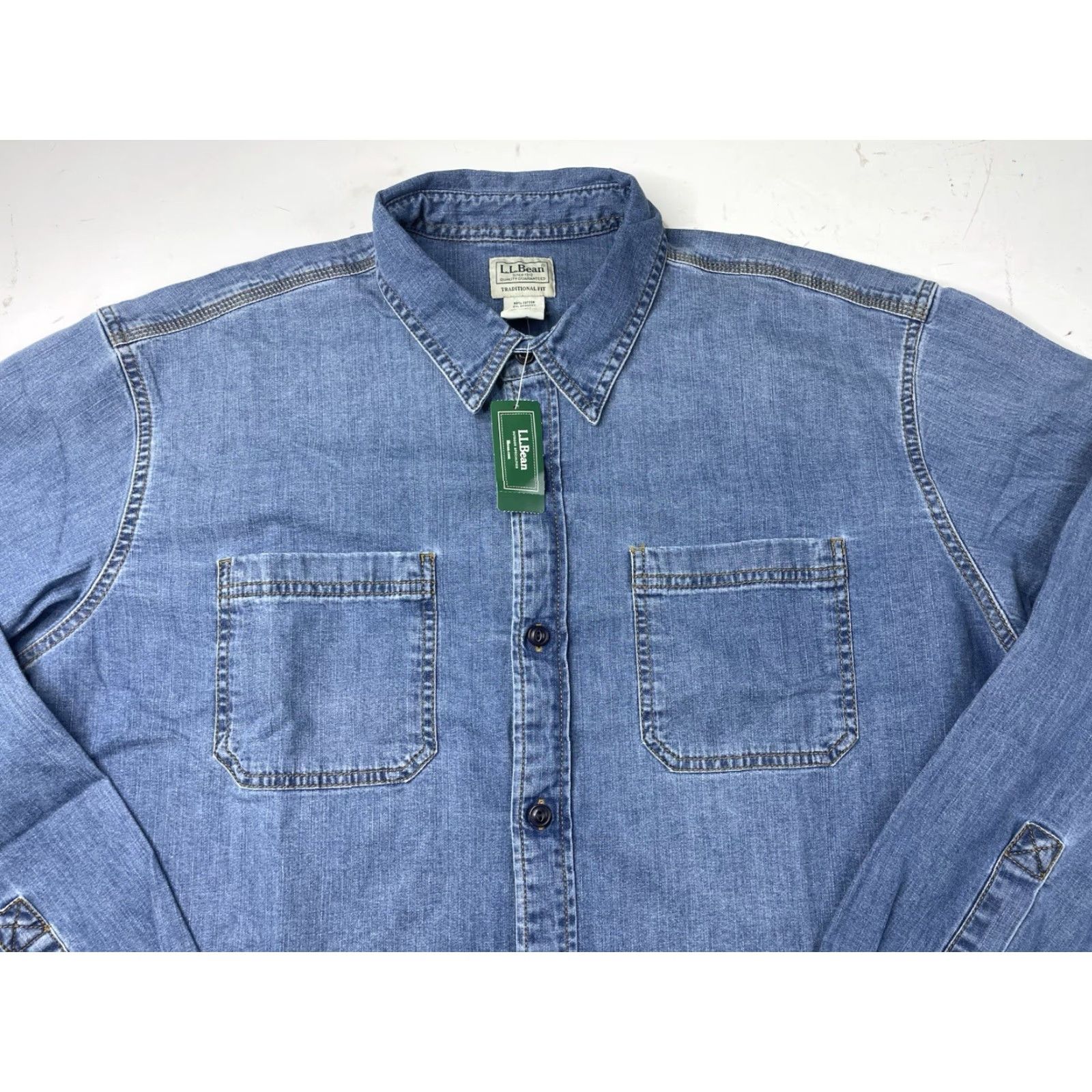 Vintage NWT L.L. Bean Shirt Mens XL Denim Casual Button-Up Long Sleeve Blue Cotton Spandex BeanFlex Untucked 514766 Size US XL / EU 56 / 4 - 2 Thumbnail
