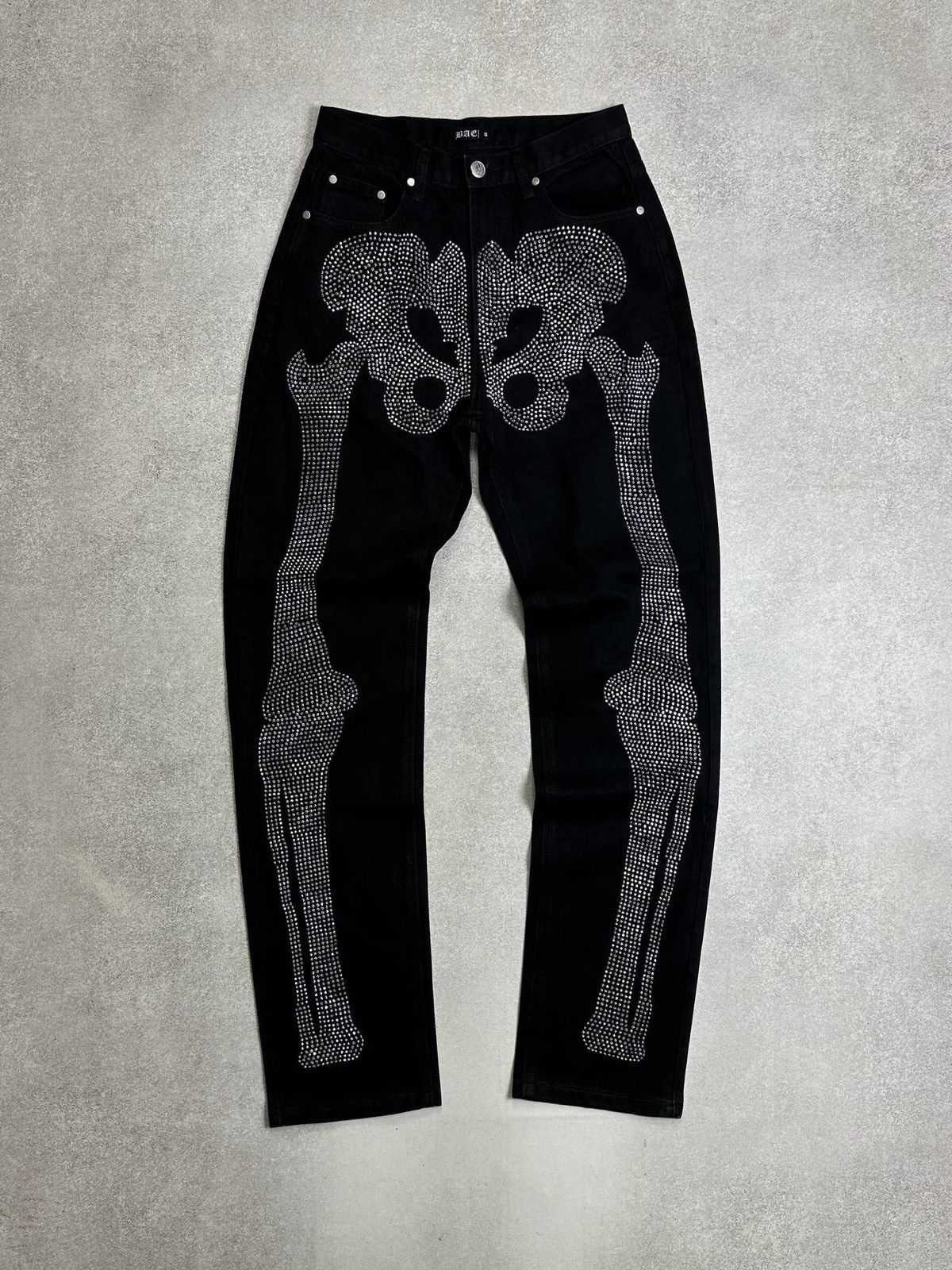 Southpole Vintage Skeleton Bones Rhinestones Black Jeans Pants S Size US 31 - 1 Thumbnail