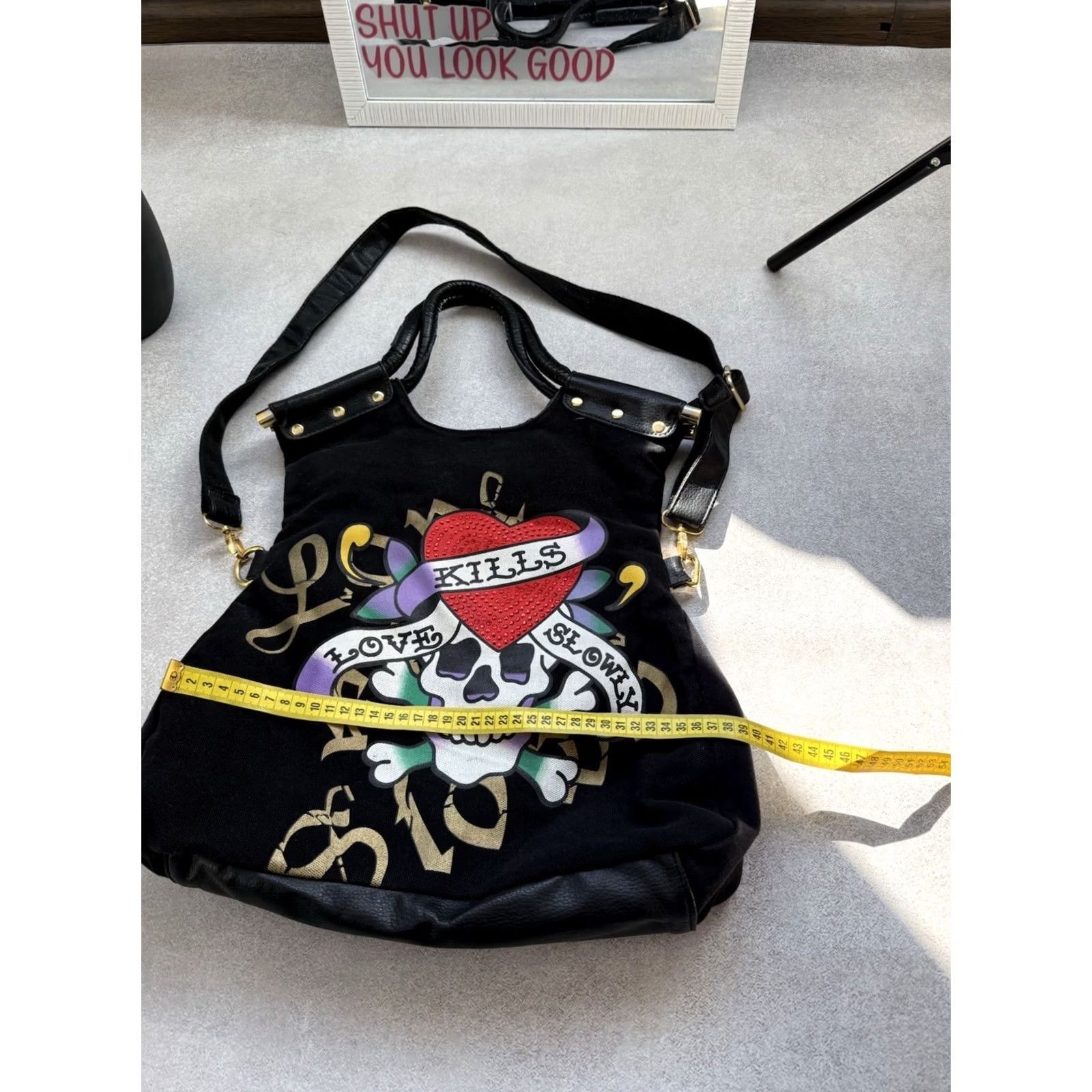 Ed Hardy Ed Hardy Love Kills Slowly Skull Heart Shoulder Bag Black Y2K Crossbody Tote Size ONE SIZE - 5 Thumbnail