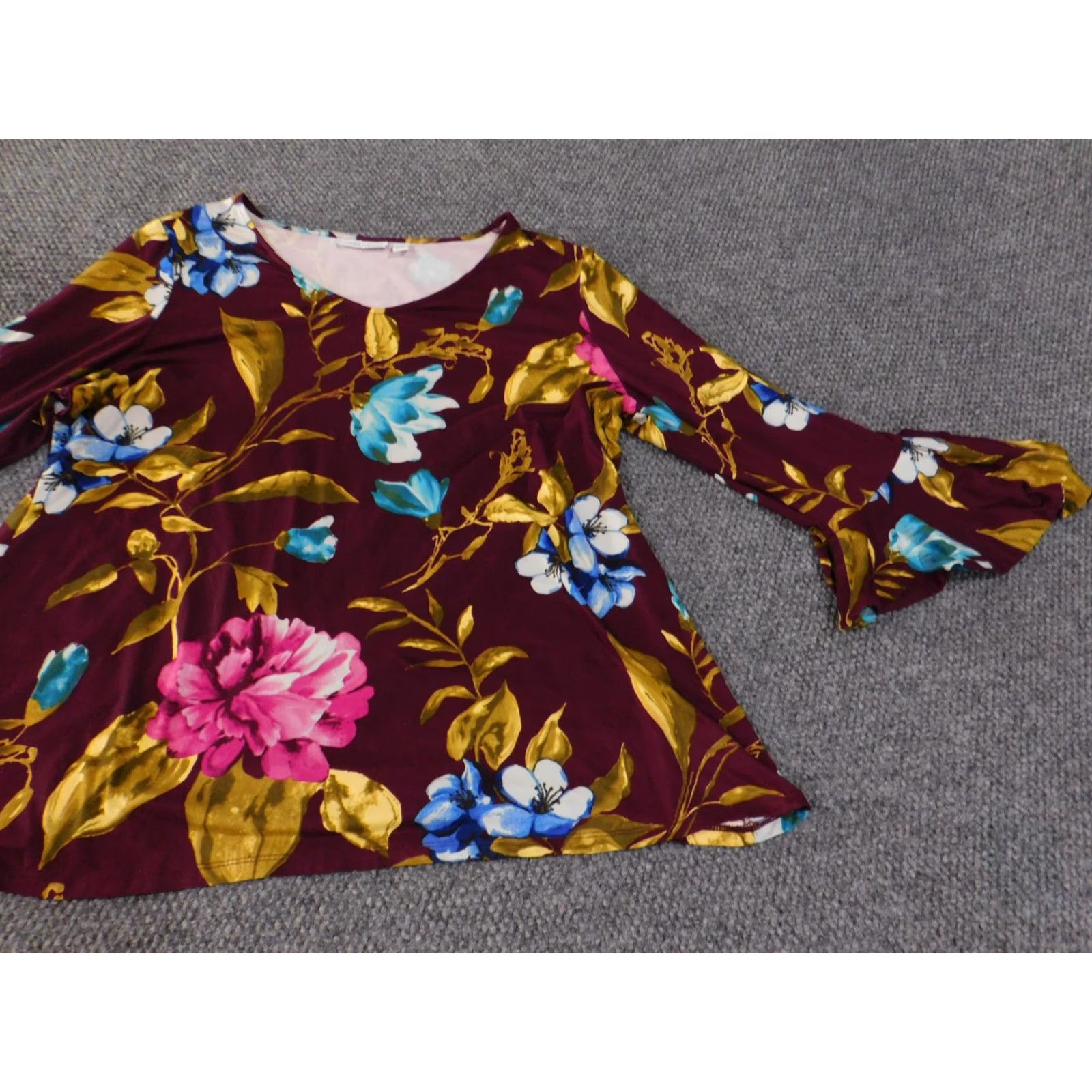 Vintage Susan Graver Shirt Womens XL Burgundy Floral Bell Sleeve Stretch Top Blouse Boho Size XL / US 12-14 / IT 48-50 - 4 Thumbnail
