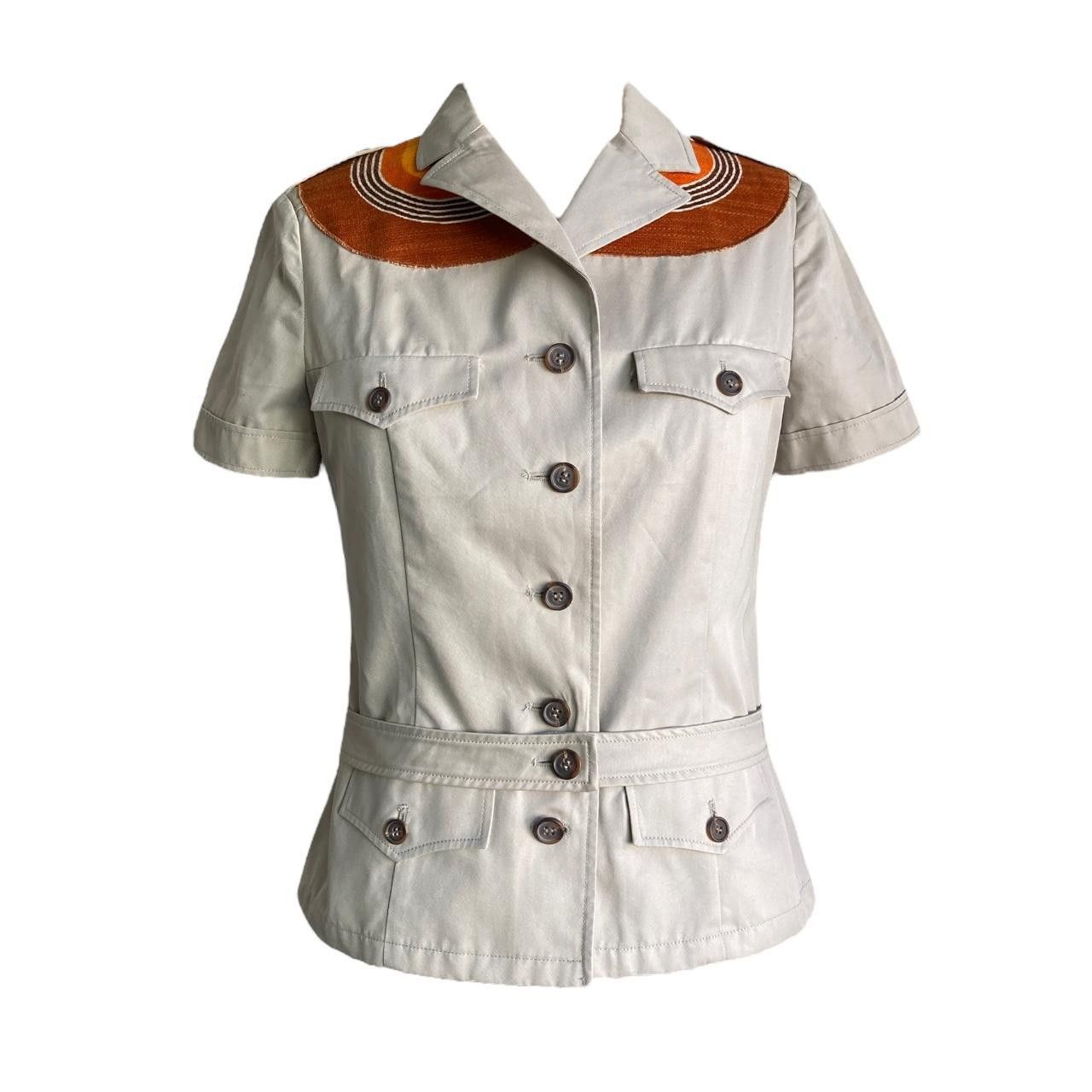 Image of Miu Miu S/s2005 Woven Brown & Orange Safari Blouse in Tan, Women's (Size Small)