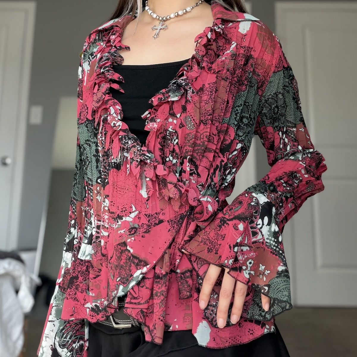 Other Studio 1940 Kimono Tied Wrap Blouse Raspberry Floral Graphic Size M / US 6-8 / IT 42-44 - 8 Thumbnail