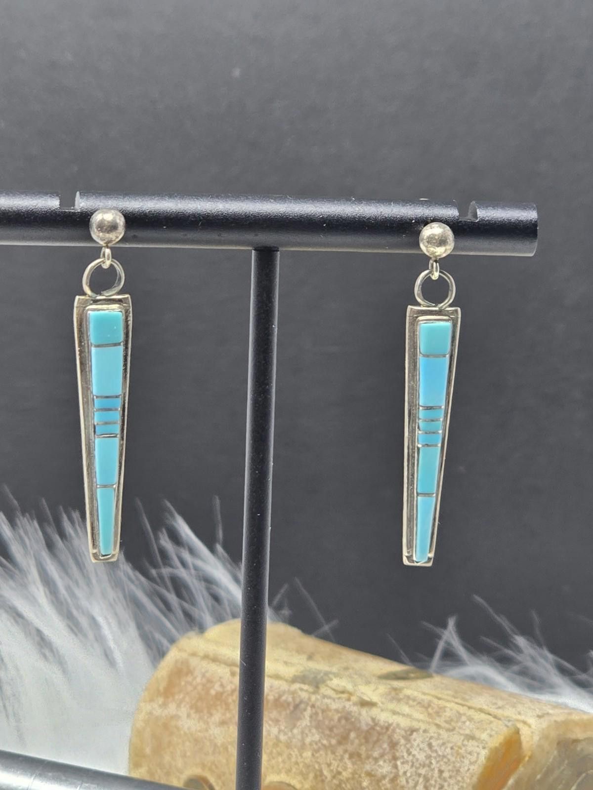 Other Zuni R Natachu Sterling Silver Turquoise Inlay Drop Earrings Size ONE SIZE - 1 Thumbnail