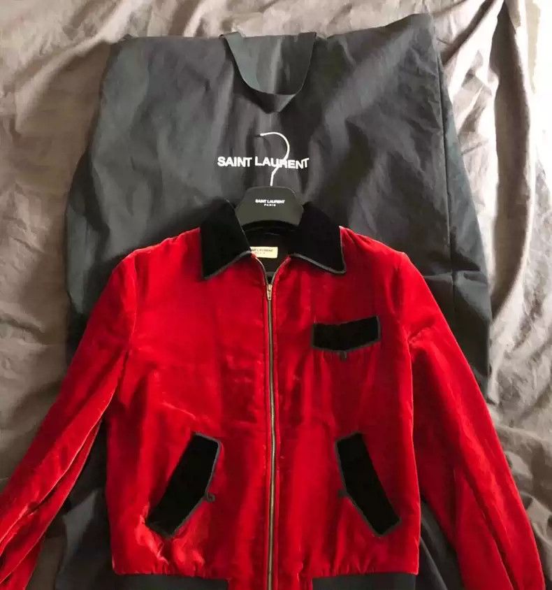 Saint laurent red velvet jacket hotsell