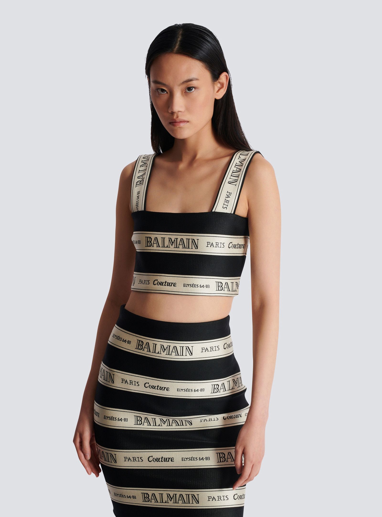 Balmain o1loc1c0526 Ribbon Jacquard Crop Top in Black/Beige Size M / US 6-8 / IT 42-44 - 6 Thumbnail