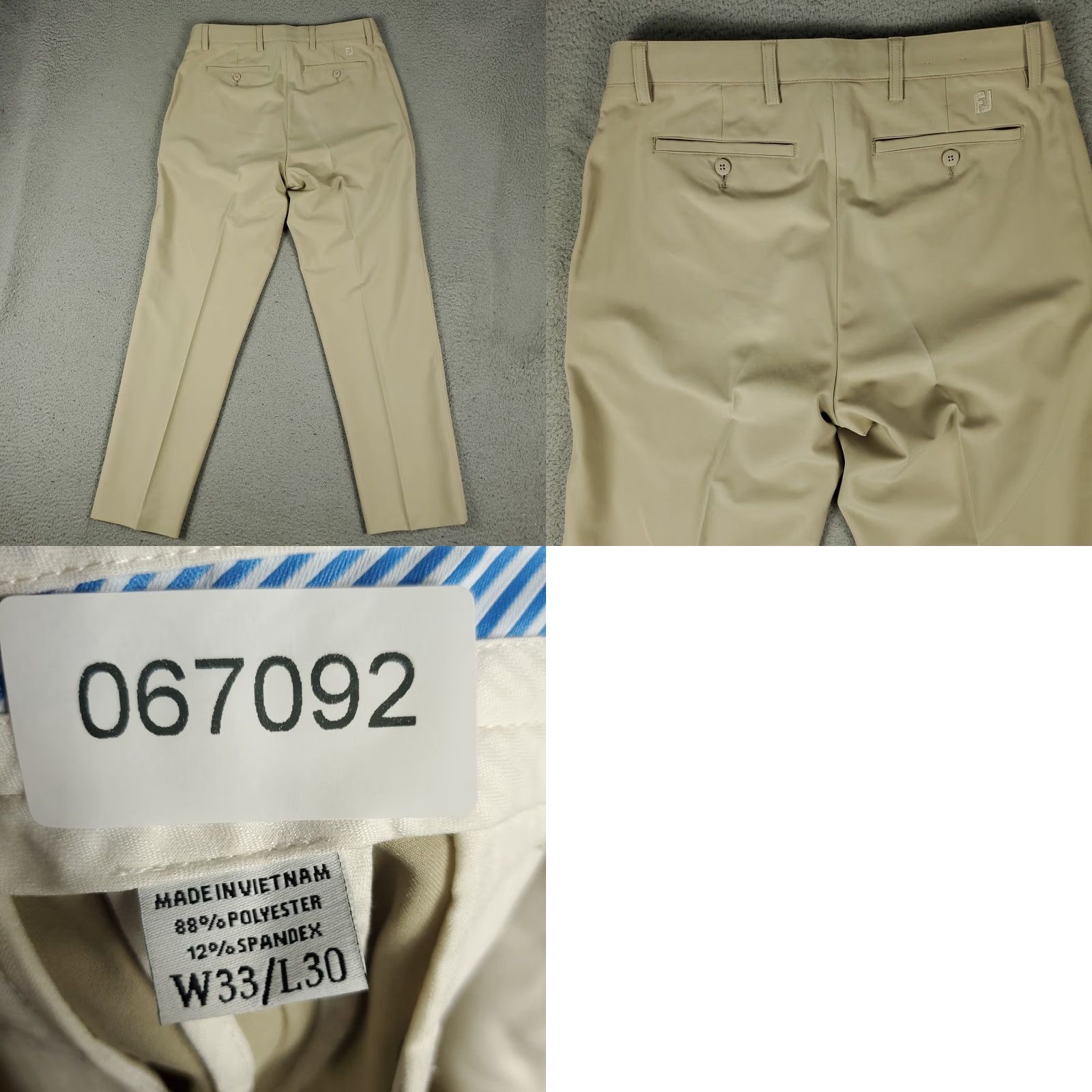 Footjoy FJ FootJoy Pants Mens 33x30 Beige Stretch Flat Front Chino Trousers - Regular Straight Pocket Men Size US 33 - 8 Thumbnail