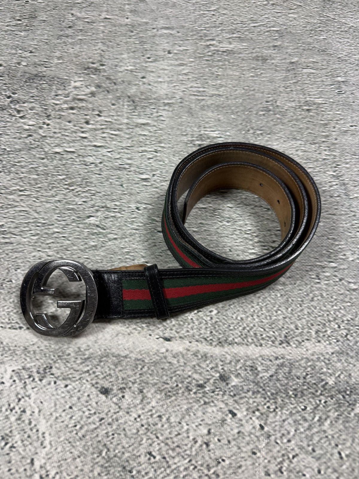 Gucci Gucci belt big buckle double G black silver web green red Size 40 - 1 Thumbnail