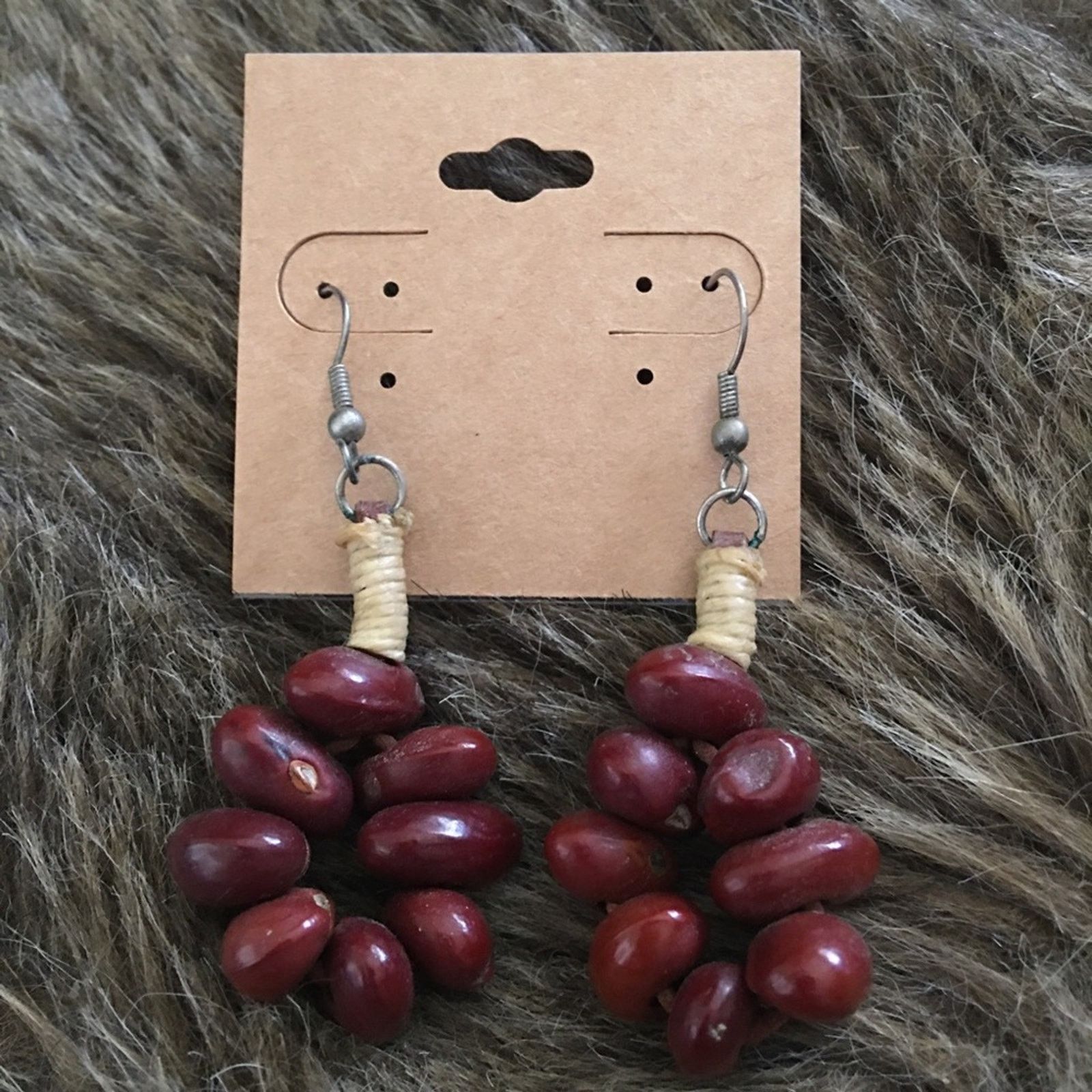 Handmade Boho natural bean dangle fish hook earrings Size ONE SIZE - 1 Thumbnail