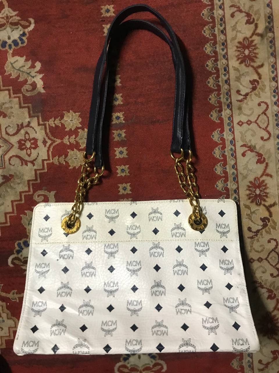 MCM Vintage MCM White Leather Chain Tote Bag Visetos Cognac Size ONE SIZE - 3 Thumbnail