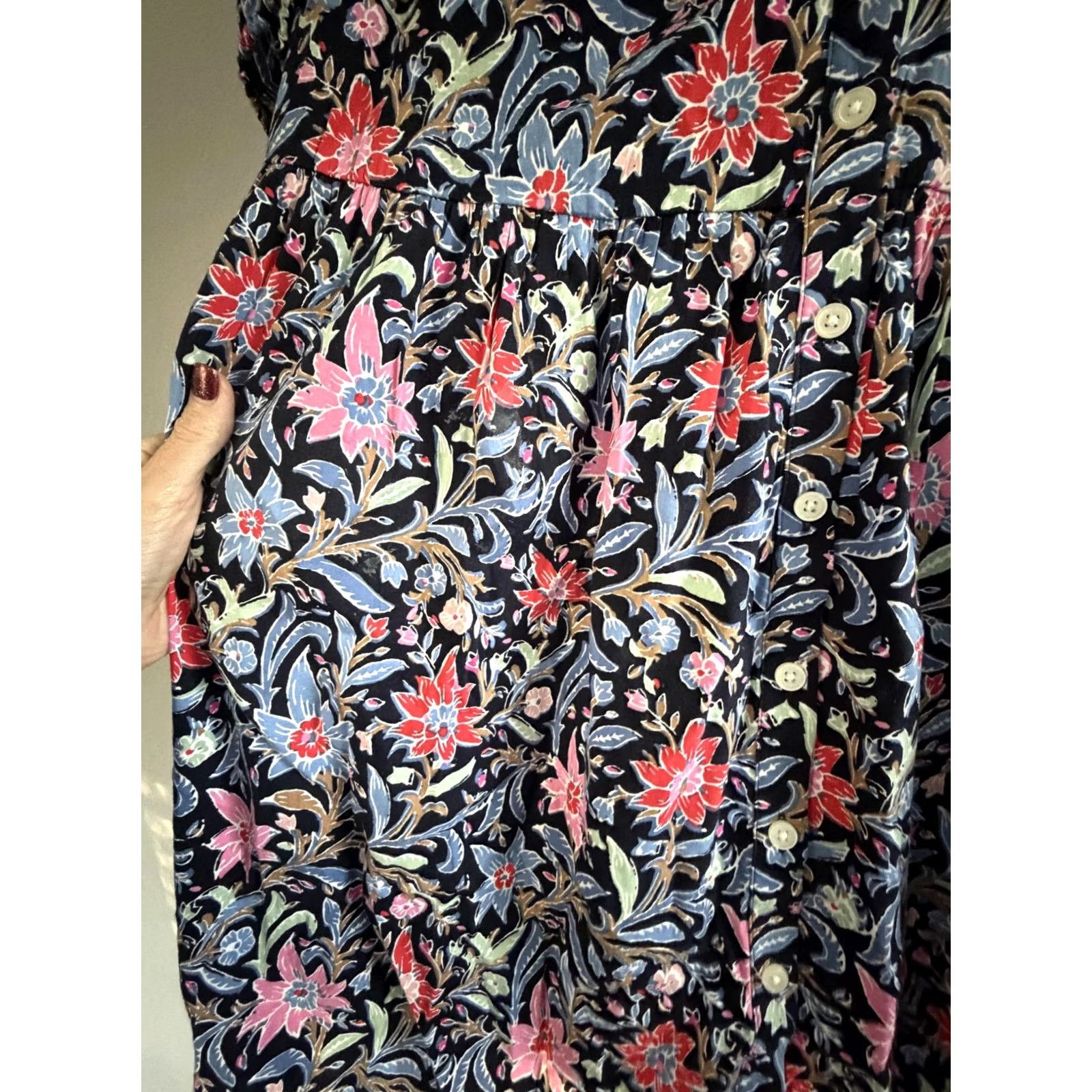 Loft LOFT Dress Womens L Multicolor Floral V Neck Puff Sleeve Trapeze Swing Button Size L / US 10 / IT 46 - 6 Thumbnail