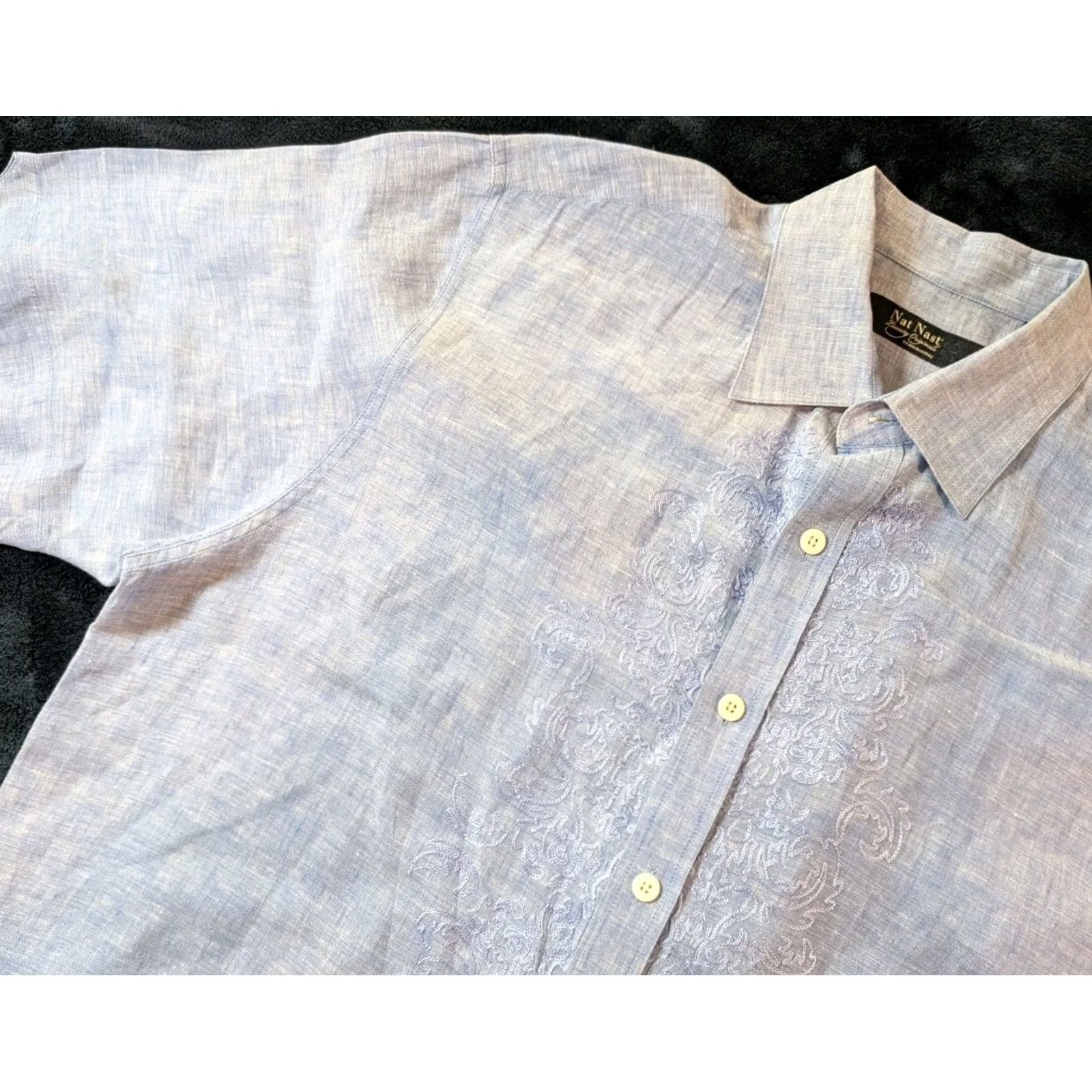 Nat Nast Nat Nast Button-Up Linen Embroidered Blue Men's L Shirt Casual, Rockabilly, Preppy, Vintage? No? Nat Nast Luxury Originals Size US L / EU 52-54 / 3 - 2 Thumbnail