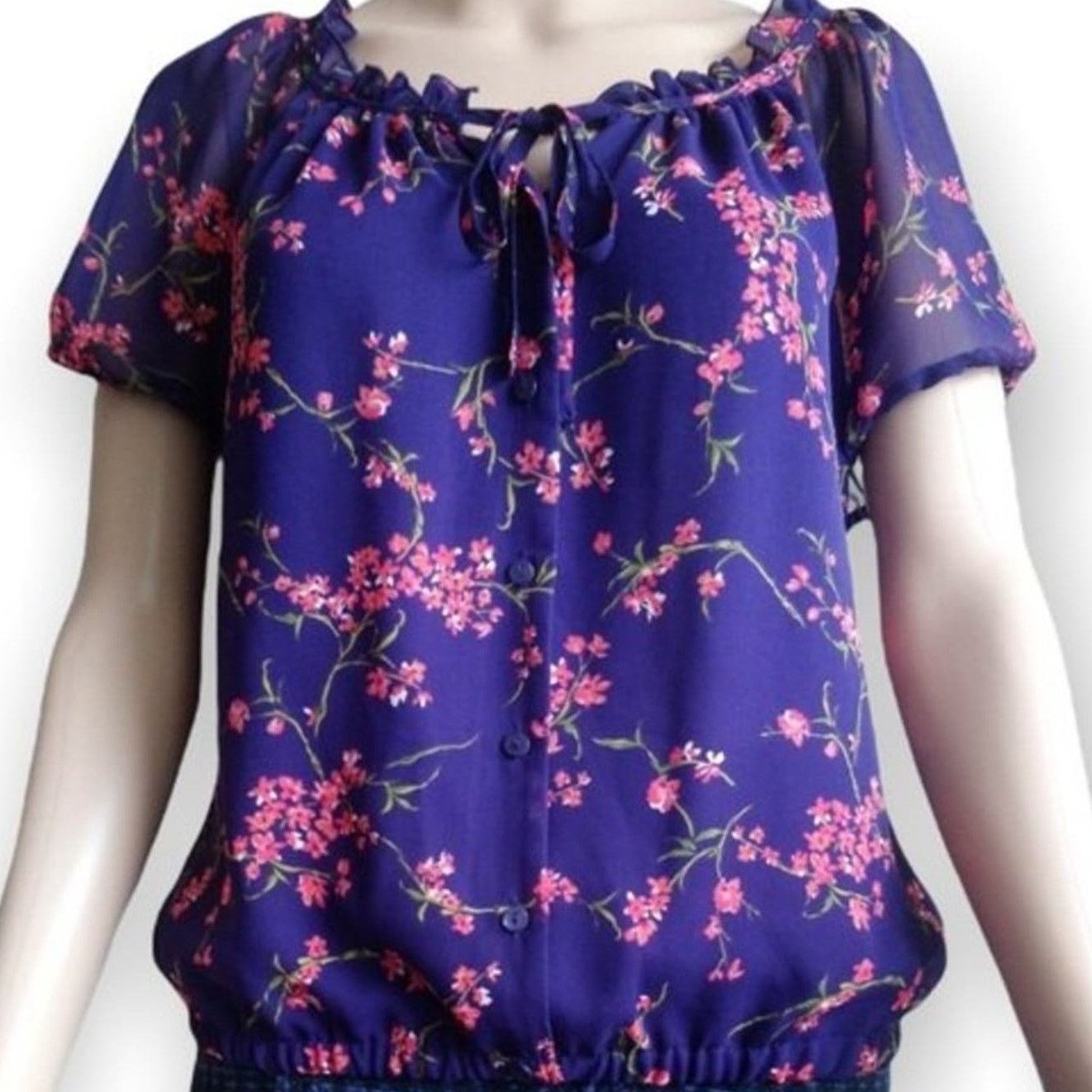 Apt. 9 Apt.9 Purple Floral Peasant Ruffled Short Sleeve Blouse, PM Size M / US 6-8 / IT 42-44 - 4 Thumbnail