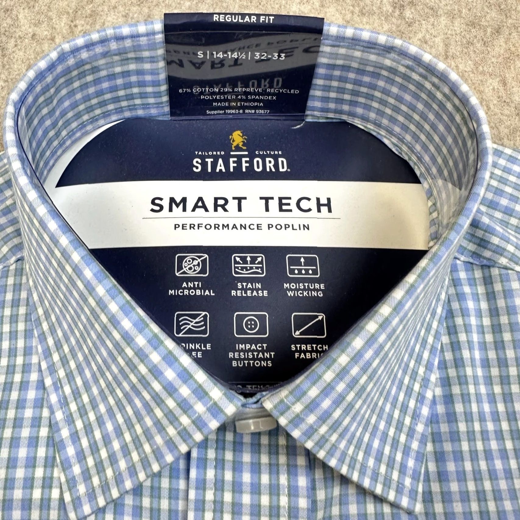 Stafford Stafford Mens Small Shirt Regular Fit Blue Green Gingham Cotton Blend Polyester Spandex Dress Long Sleeve Size US S / EU 44-46 / 1 - 2 Thumbnail