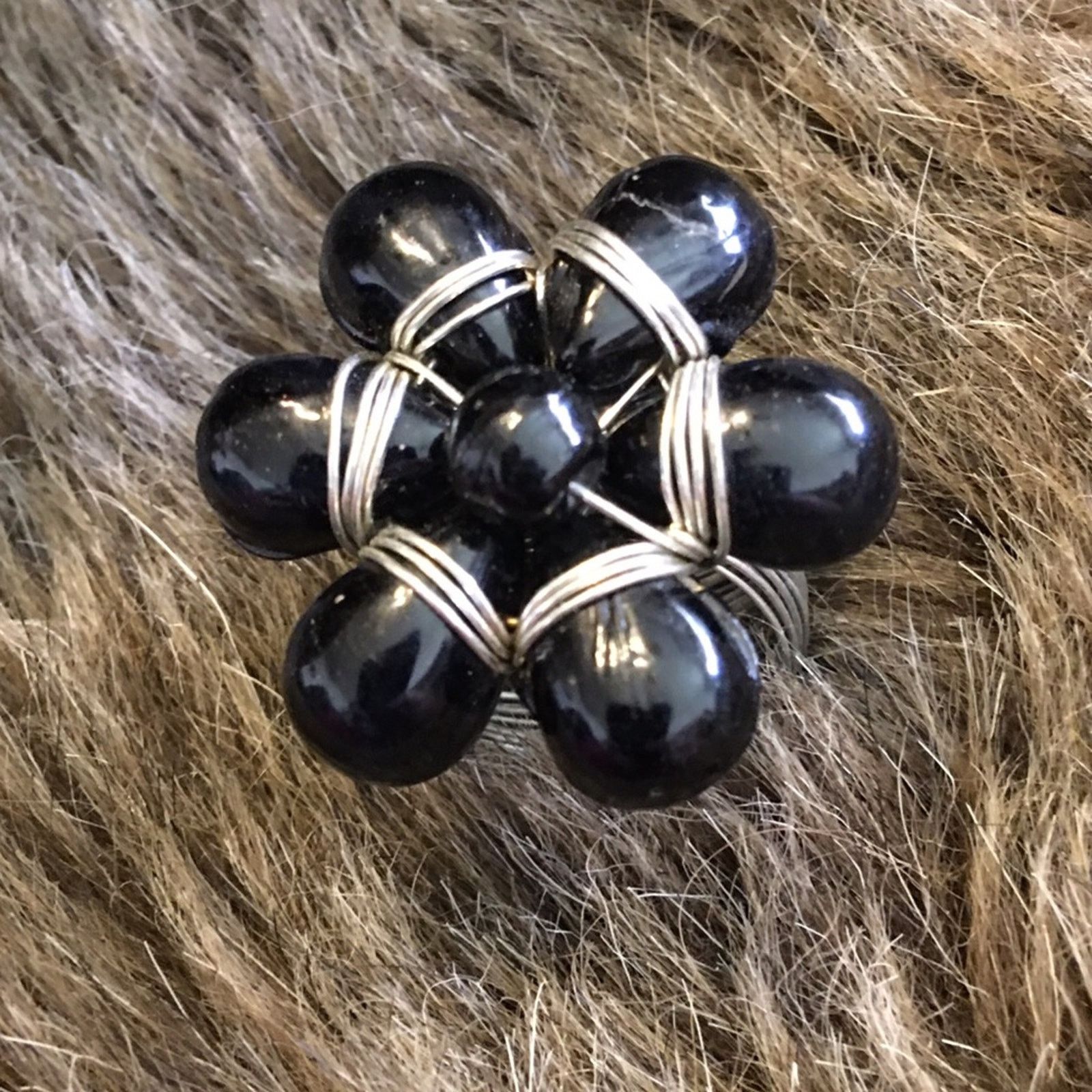 Jewelry Silver tone wire wrapped black bead ring Size ONE SIZE - 7 Thumbnail