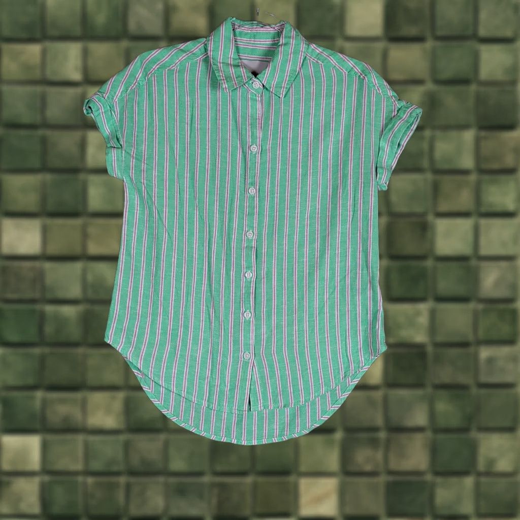 Vintage Lola River Women's Coastal Striped Button Down Shirt XS Linen Blend Green Cap Sleeve Short Sleeve Relaxed Fit Button-Up Casual Travel Size XS / US 0-2 / IT 36-38 - 1 Thumbnail