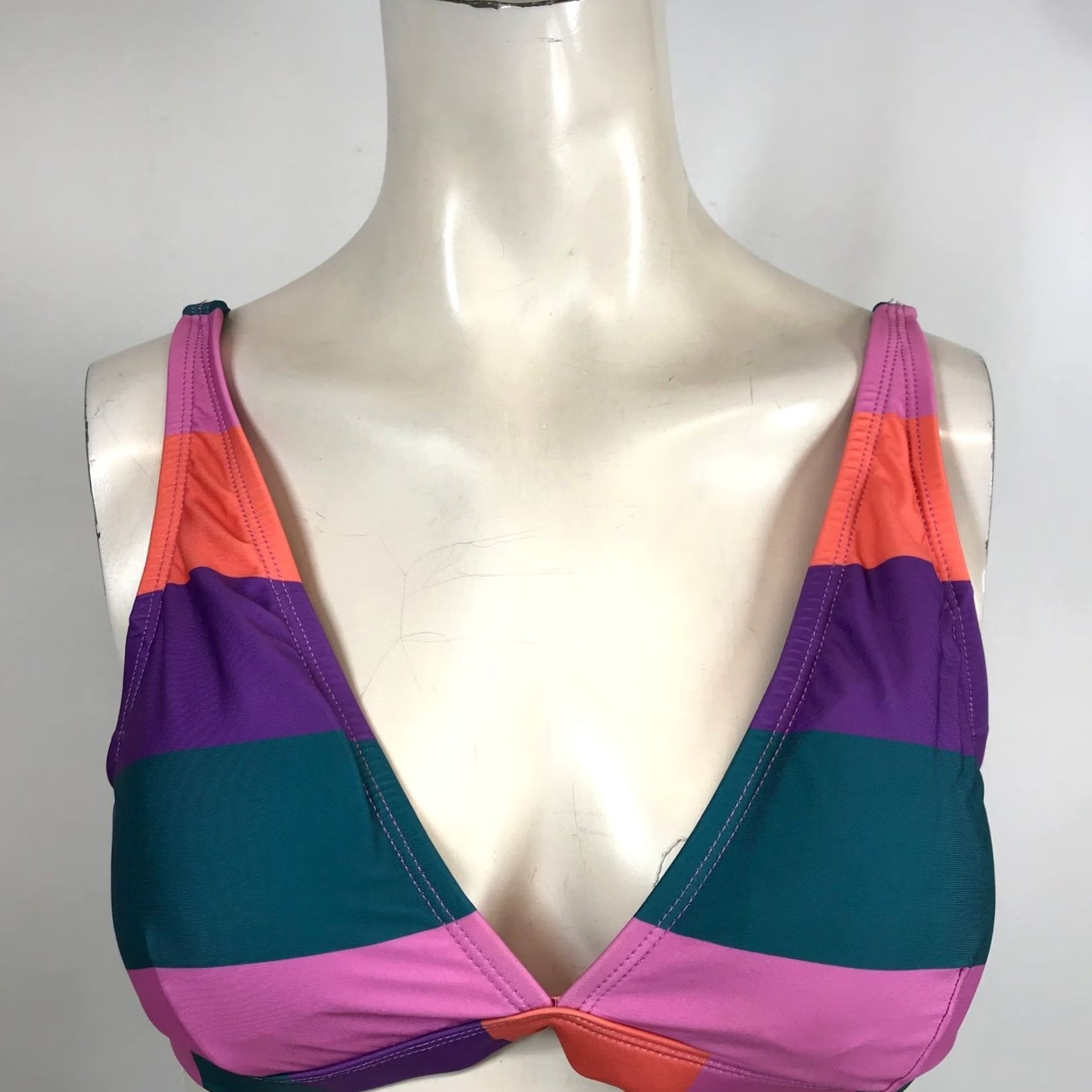 Vintage ModCloth Bikini Top MEDIUM Pink Orange Purple Teal Striped Triangle Size M / US 6-8 / IT 42-44 - 2 Thumbnail