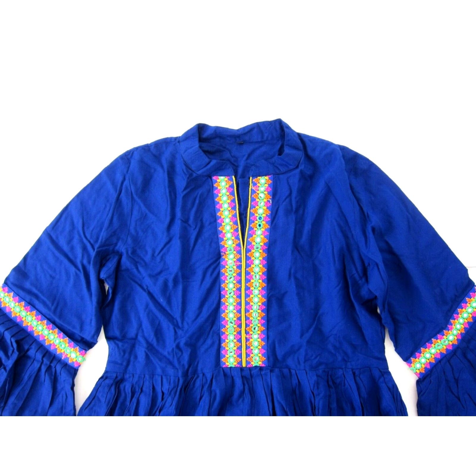 Vintage VINTAGE Ethnic Rayon Blue Embroidered Flare Sleeve Tunic Peasant Blouse L Womens Shirt Size L / US 10 / IT 46 - 3 Thumbnail