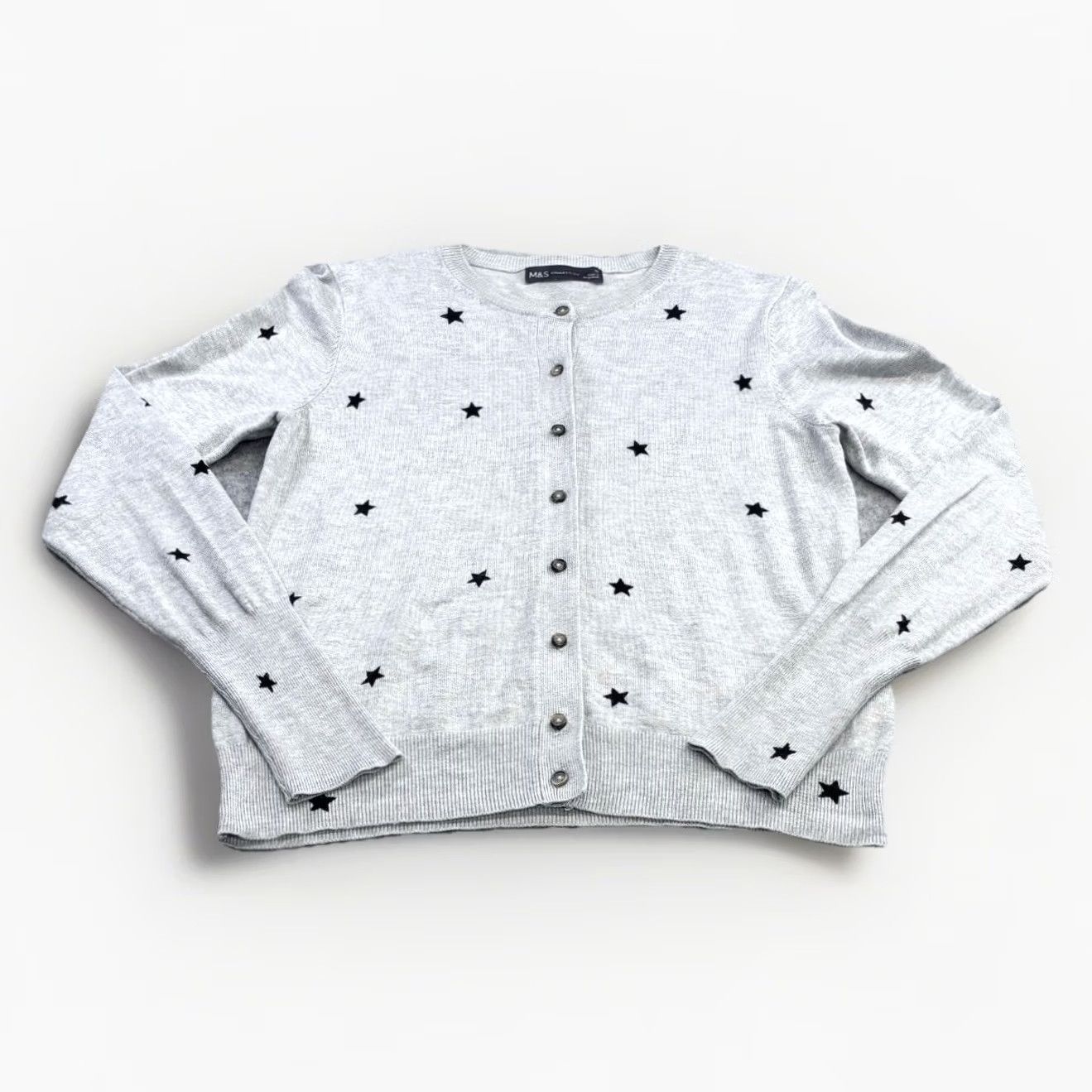 Marks & Spencer M&S Cardigan UK10 grey star pattern long sleeve women’s Button Front Pre Loved Size L / US 10 / IT 46 - 2 Thumbnail