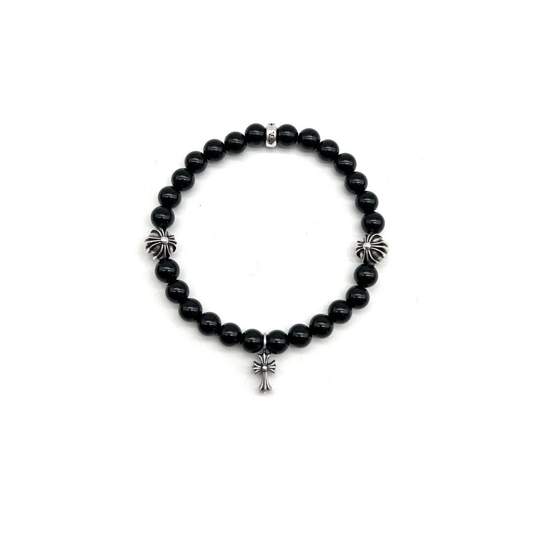 Chrome Hearts Chrome Hearts 6mm Obsidian Silver Cross Beaded Bracelet Size ONE SIZE - 1 Thumbnail