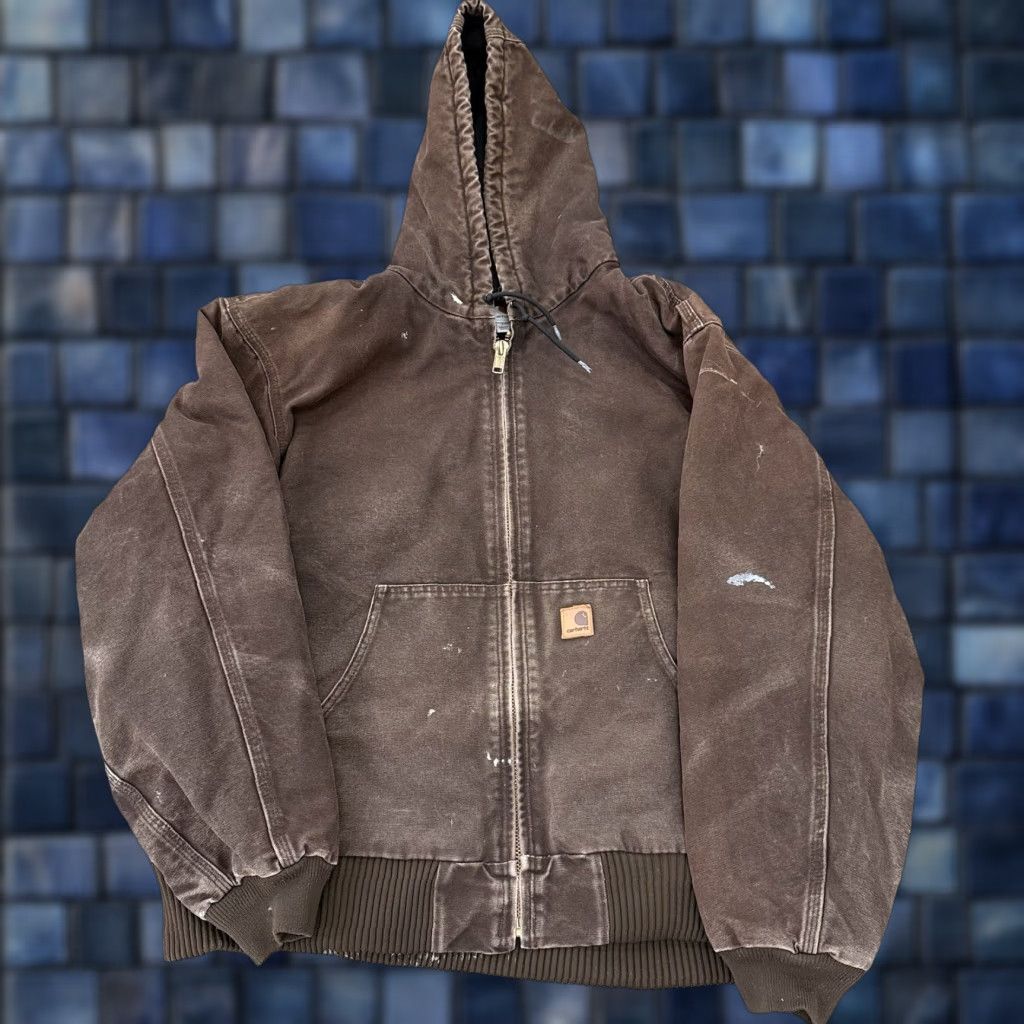 Carhartt VINTAGE Carhartt Jacket Mens 2XL J130 DKB Workwear Faded Brown Heavy Canvas Bomber Hooded Lined Quilted Regular Fit Brown Mens Size US XXL / EU 58 / 5 - 1 Thumbnail