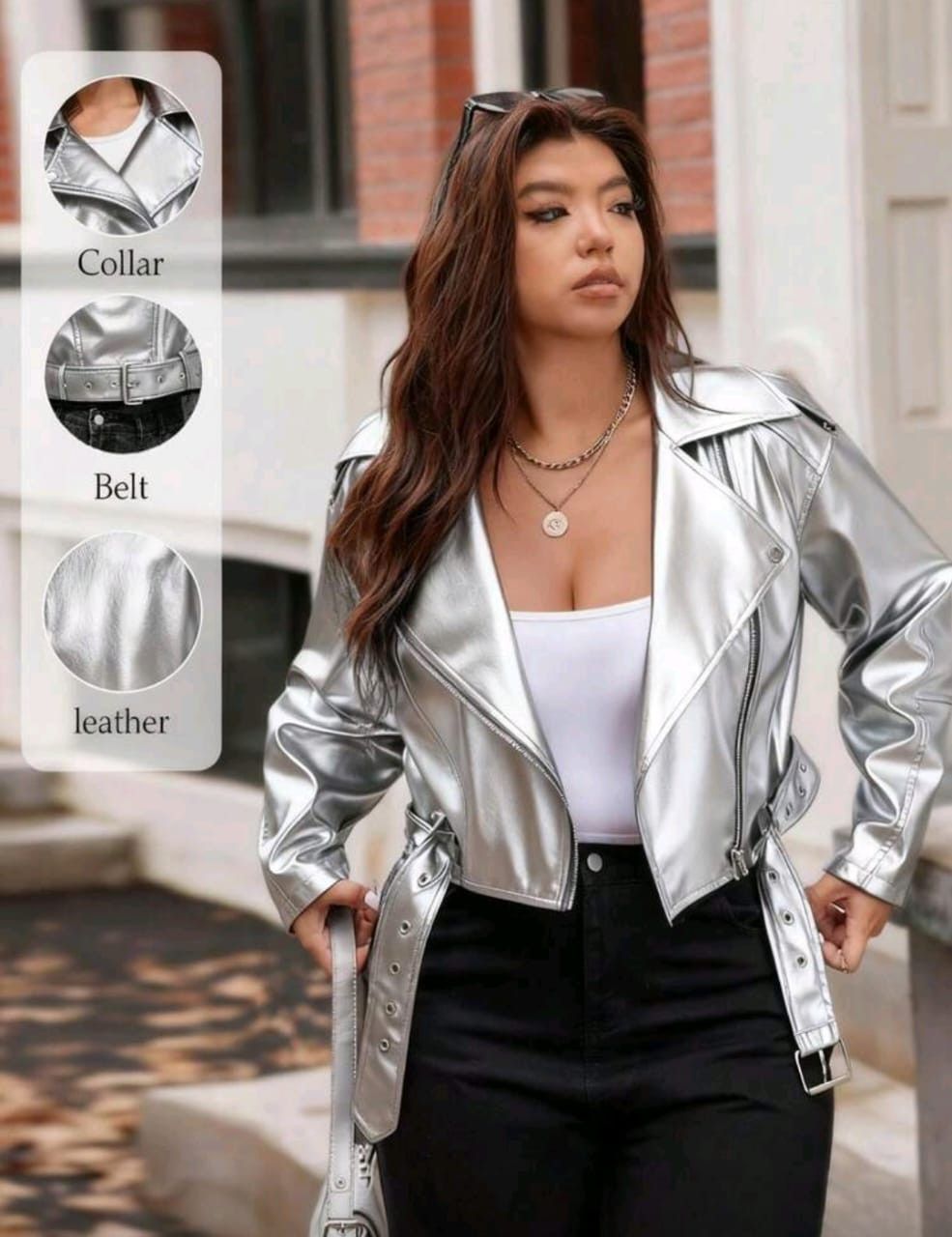 Other Women’s Silver Faux Leather Biker Jacket – Cropped Fit ✨🔥 Size M / US 6-8 / IT 42-44 - 1 Thumbnail