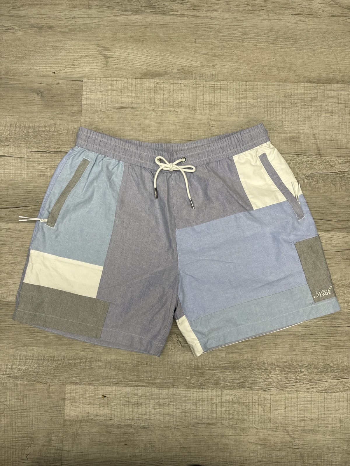 image of Kith Patchwork Oxford Hardaway Blue Shorts, Men's (Size 38)