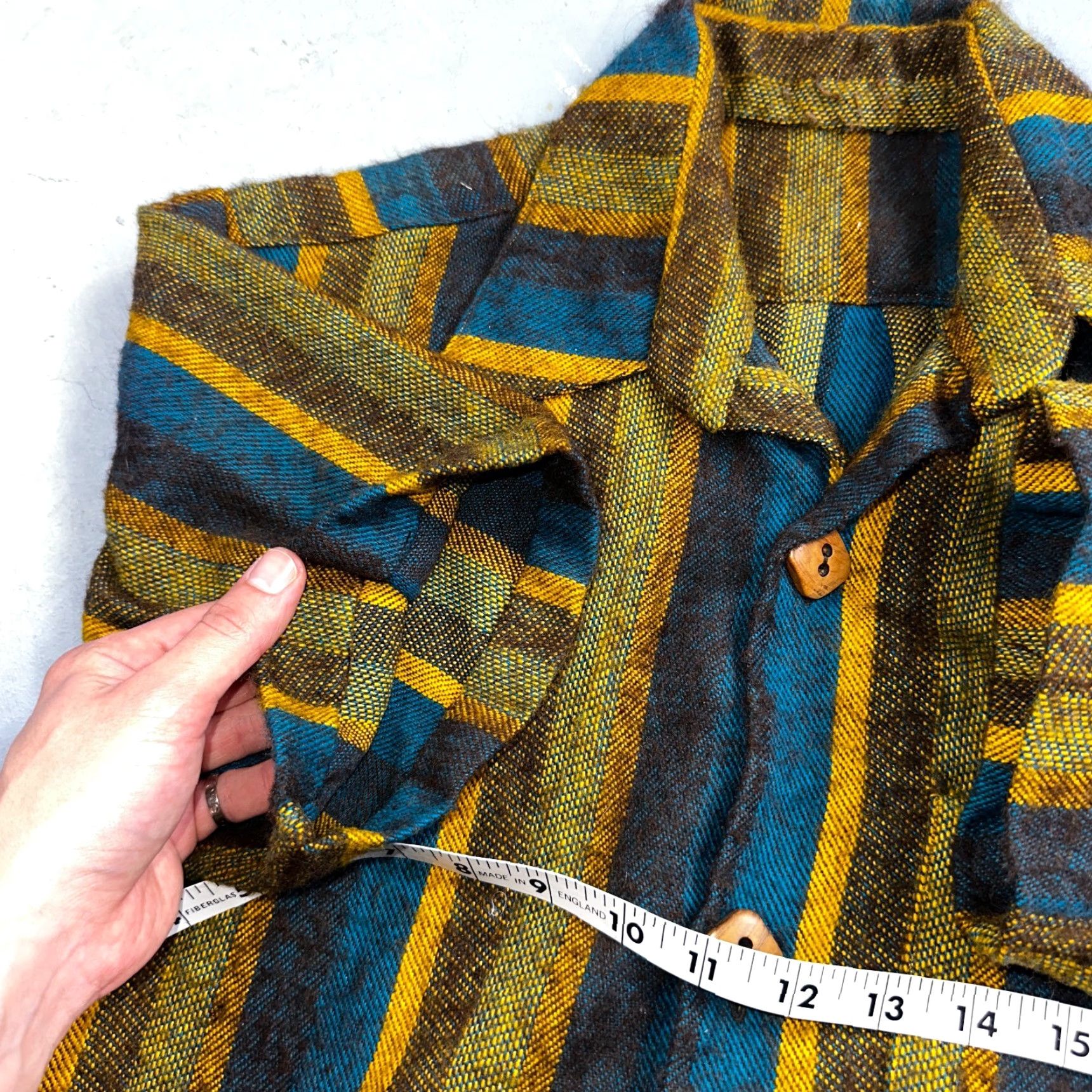 Vintage 1960s Wool Short Sleeve Striped Wood Button Down Shirt 60s 70s Rockabilly Mens L Blue Shirt Size US L / EU 52-54 / 3 - 7 Thumbnail