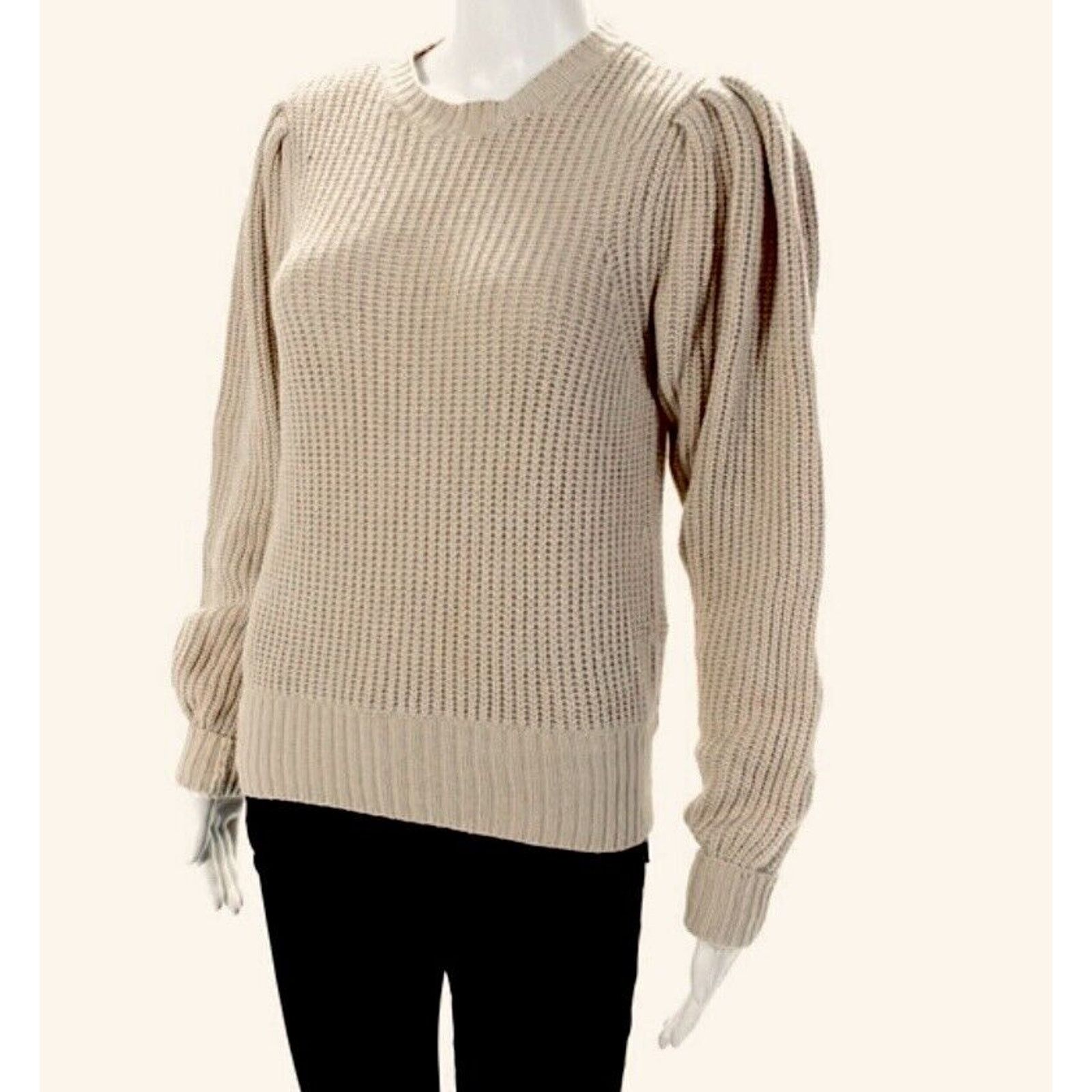 Frame Frame Tan Ribbed Cable Crew Balloon Puff-Sleeve Crop Sweater Size XS / US 0-2 / IT 36-38 - 2 Thumbnail