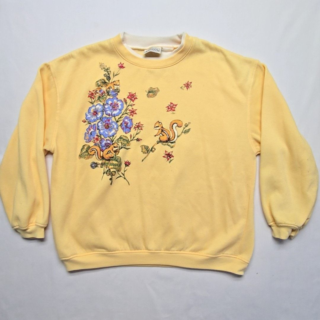Vintage Vintage Squirrel Spring Floral Sweatshirt Yellow Graphic L Size L / US 10 / IT 46 - 1 Thumbnail