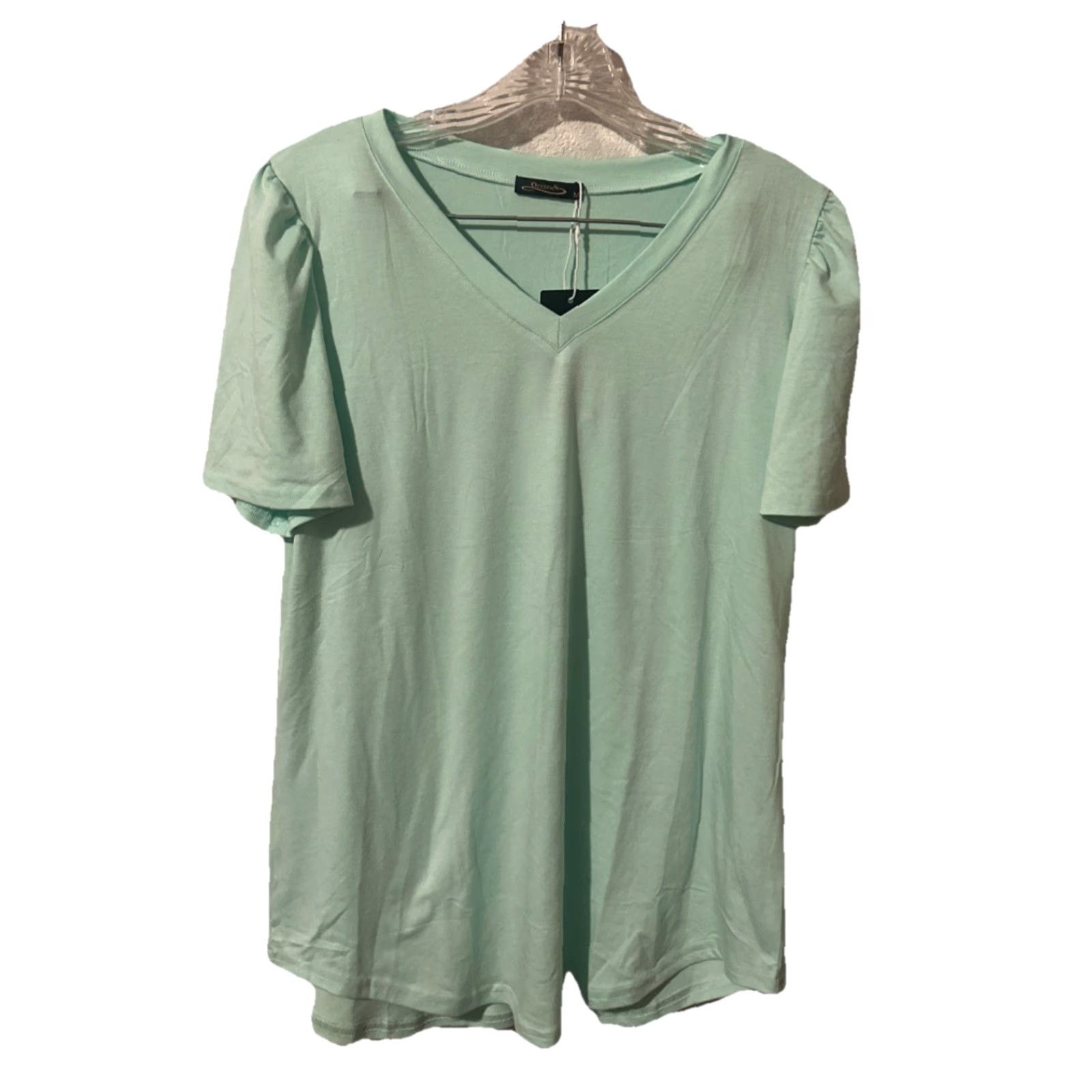 Vintage NWT Ofeefan T-Shirt Women's V-Neck Short Sleeve Solid Green 20" Pit to Pit 26.5" Length S/M Lightweight Stretch Top Size M / US 6-8 / IT 42-44 - 2 Thumbnail